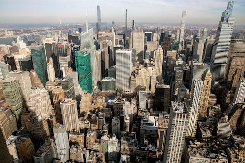 FILE - The Manhattan skyline is seen from the observatory of the Empire State Building in New York City on Wednesday, Jan. 12, 2022. Court of Appeals judges heard arguments in a lawsuit brought by a group of Republican voters challenging the legality of the new district maps, which critics say were drawn to favor Democrats.(AP Photo/Ted Shaffrey, File)