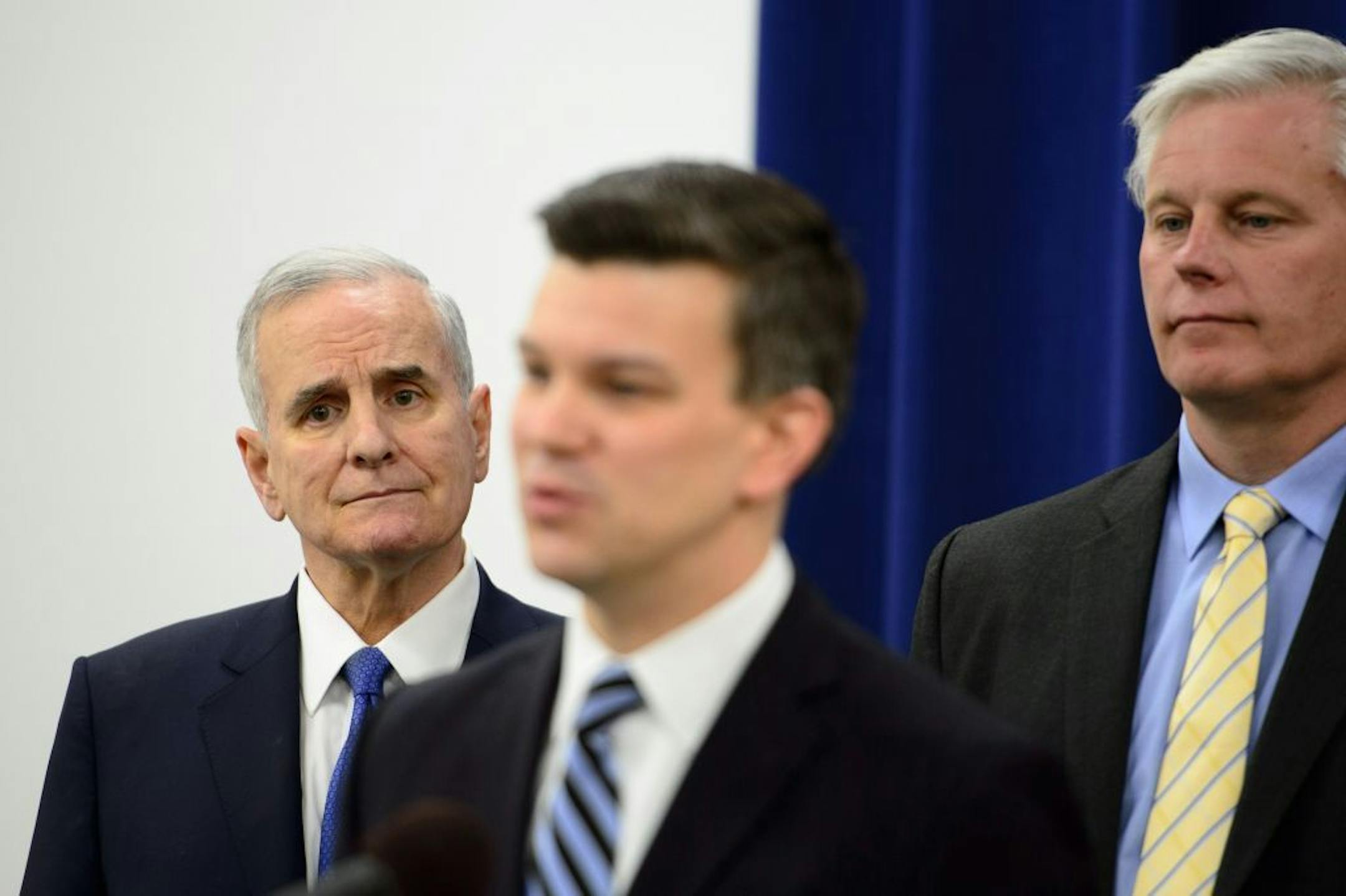 Gov. Mark Dayton, joined key DFL legislators to say that he would veto a budget bill if it includes several provisions he and DFL leaders see as undermining disclosure of special interest spending on elections.