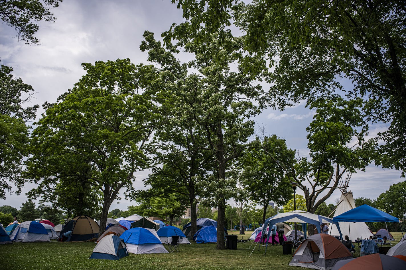 One of two encampments in Powderhorn Park in Minneapolis. The Park Board voted Wednesday night to cut the number of encampments spread across the city's parks.