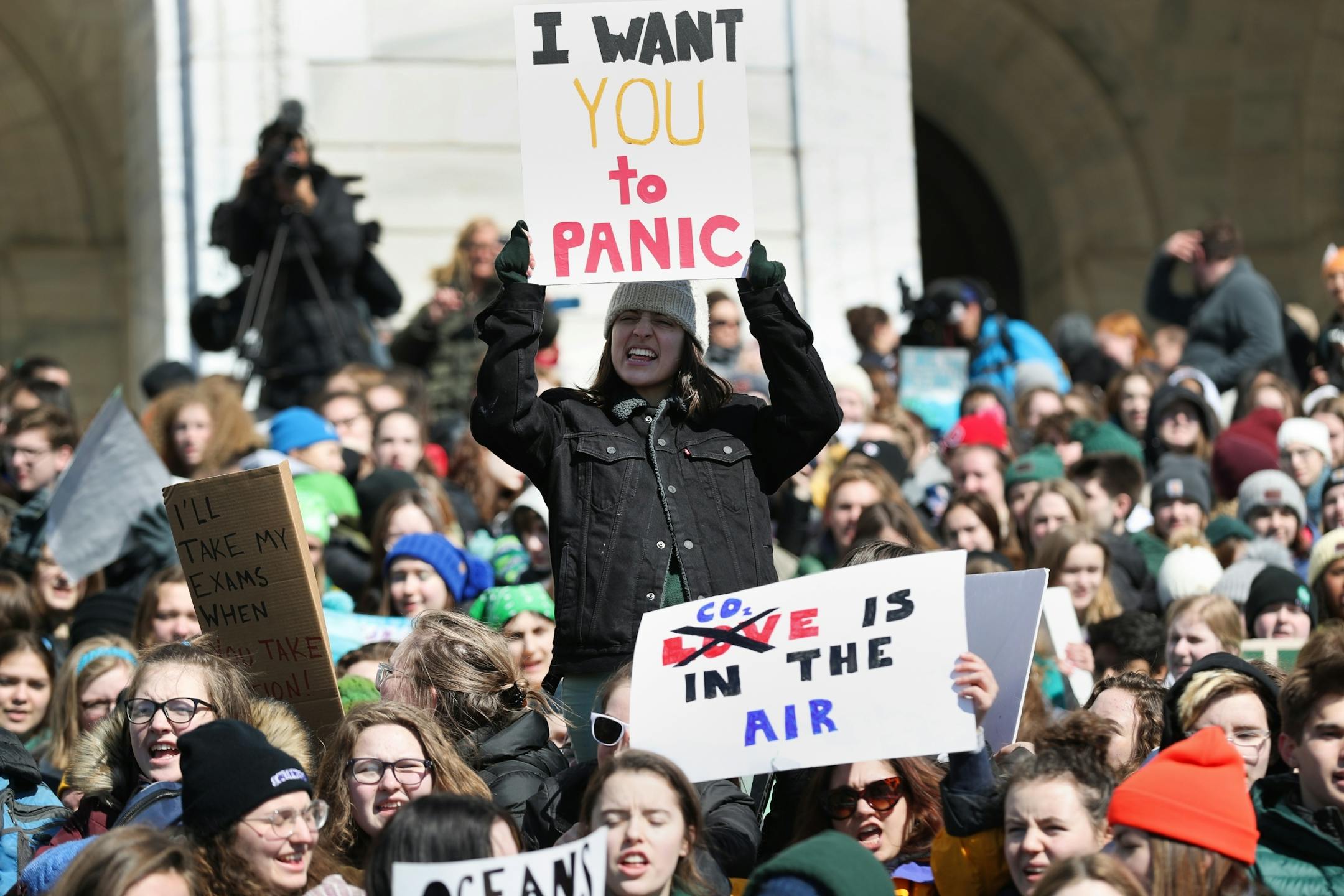 Minnesota students left school and went to the Capitol in St. Paul to be part of an international climate change protest, joining hundreds of thousands of students in more than 100 countries around the globe on Friday, March 15, 2019.