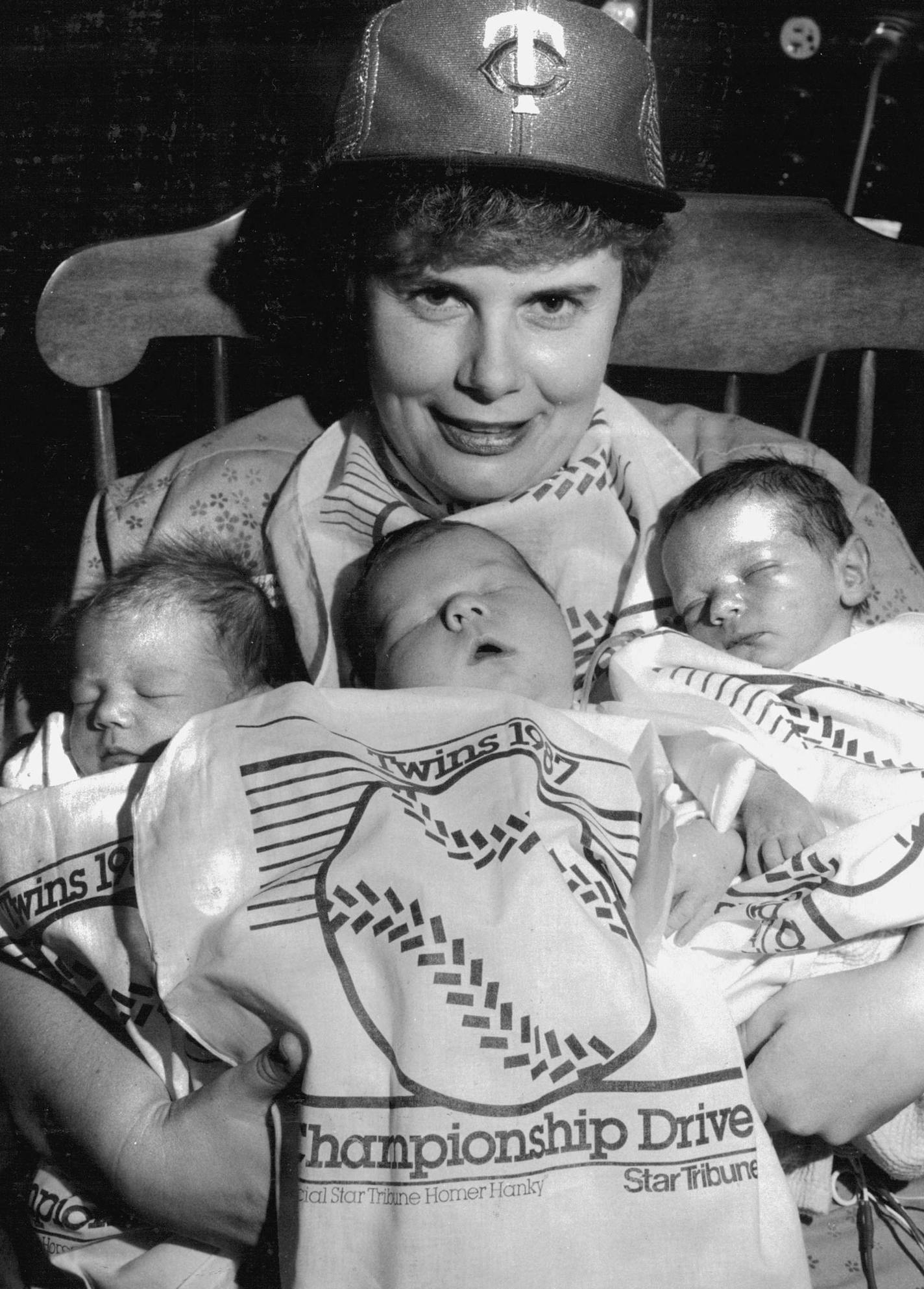 October 11, 1987 Rosemary Nally of Methodist Hospital held babies adorned with Homer Hankies. From left, Karen Aderhold, Joseph Parpart and Ryan Koubsky. Newborn babies at Methodist Hospital in St. Louis Park aren&#xe2;&#x20ac;&#x2122;t waving them yet, but they&#xe2;&#x20ac;&#x2122;re still all wrapped up in the madness surrounding the hottest piece of clotl in the Twin Cities. &#xe2;&#x20ac;&#x153;I got my hanky, so I thought the babies should have them, too,&#xe2;&#x20ac;&#x9d; said nurse Ros