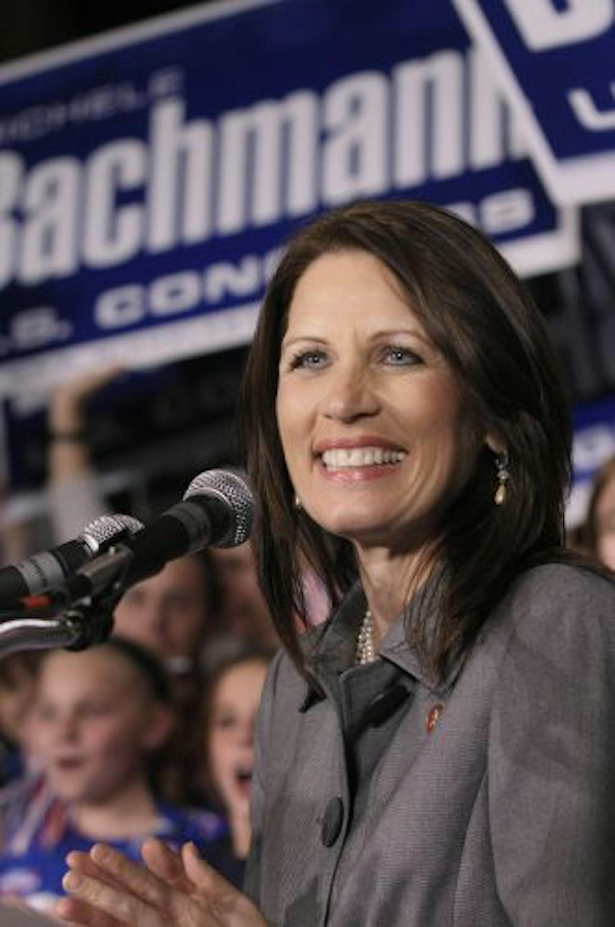 FILE - In this Nov. 4, 2008 file photo, Rep.-elect Michele Bachmann thanks her supporters at Republican headquarters in Bloomington, Minn.