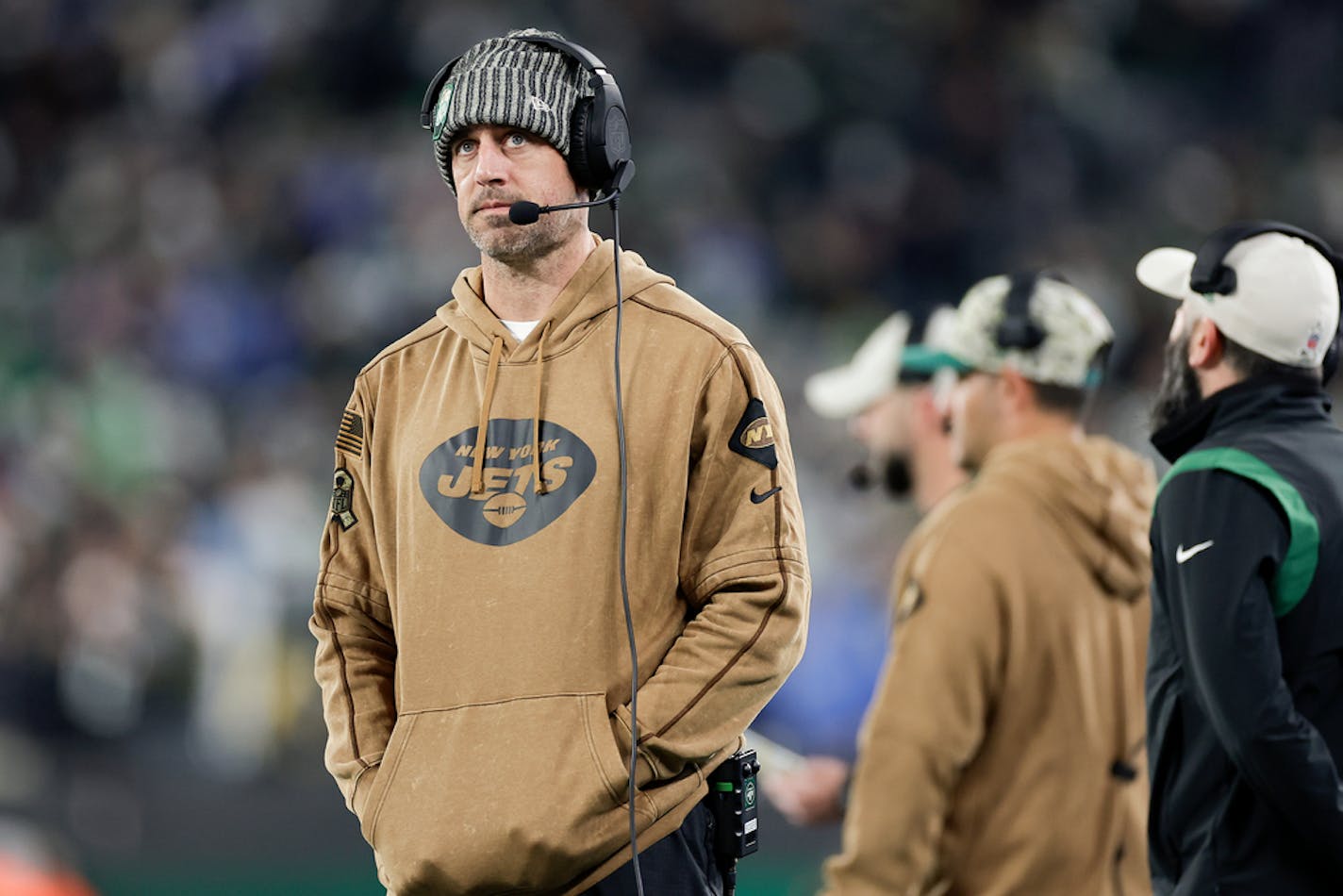 New York Jets quarterback Aaron Rodgers watches from the sidelines against the Los Angeles Chargers during the second half an NFL football game, Monday, Nov. 6, 2023, in East Rutherford, N.J. (AP Photo/Adam Hunger)