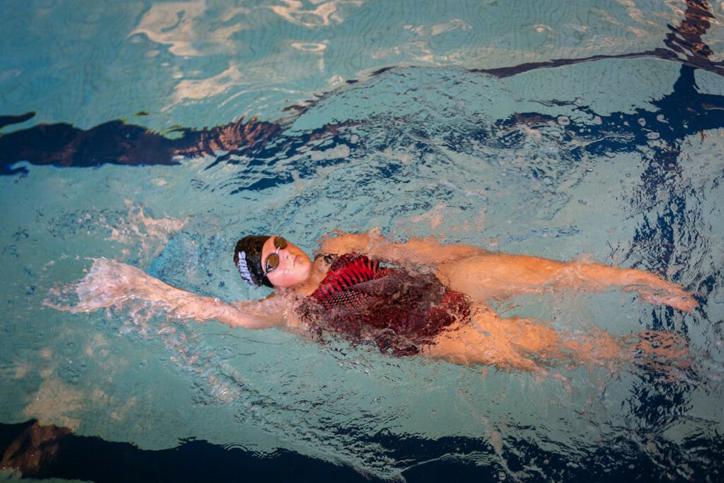  Sophia Nohre competes in several categories, including the butterfly, breaststroke, freestyle and, shown here, backstroke.