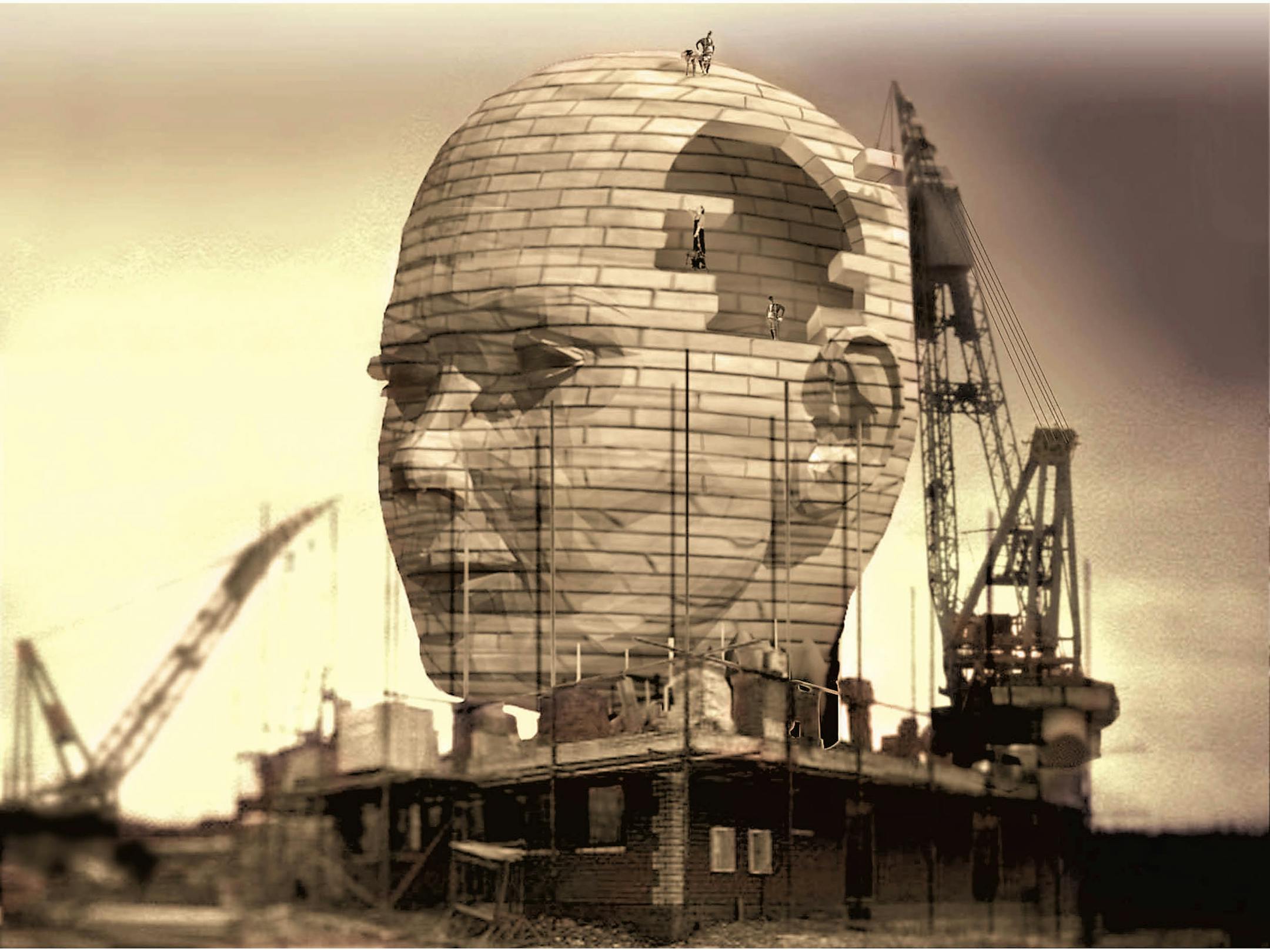 300 dpi 5 col x 7.25 in / 246x184 mm / 837x626 pixels Rick Nease color illustration shows the construction of a large head; cranes on scaffolding work inside the brain. For use with stories on human cloning, genetic engineering, etc. Detroit Free Press 2001 bestof2001