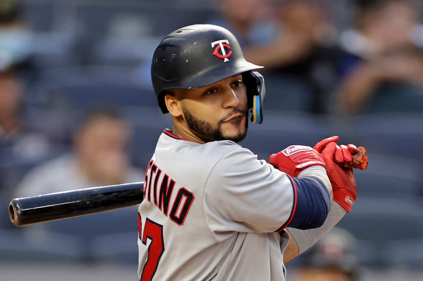 Minnesota Twins' Gilberto Celestino watches his RBI single during the 12th inning of the first baseball game of the team's doubleheader against the New York Yankees on Wednesday, Sept. 7, 2022, in New York. (AP Photo/Adam Hunger)