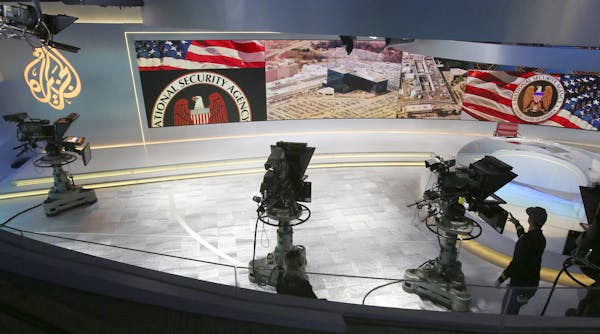 A set for news broadcasts at the Al Jazeera America headquarters in New York, Aug. 16, 2013