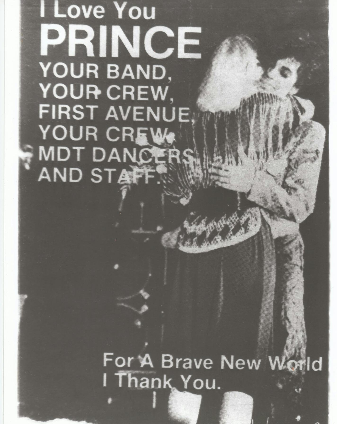 A thank-you flyer showed MDT founder Loyce Houlton hugging Prince at the 1983 fundraiser he staged for the dance company.