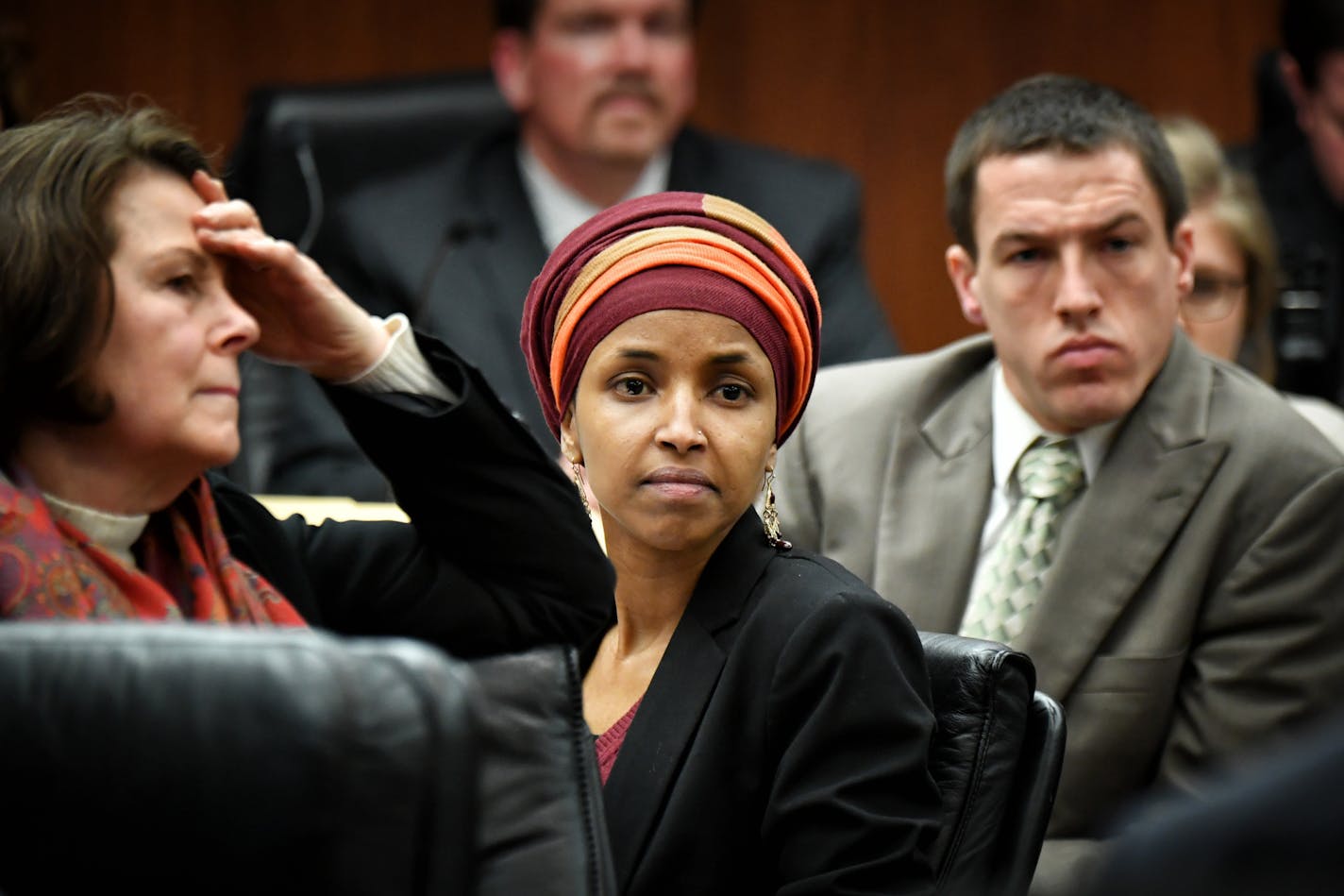 Rep Ilhan Omar. DFL-Minneapolis, listened as Ted Mondale and Michele Kelm-Helgen responded after Minnesota Legislative Auditor James Nobles delivered his report to the committee. ] GLEN STUBBE &#xef; glen.stubbe@startribune.com Tuesday February 7, 2017 Minnesota Legislative Auditor James Nobles released his report on the MSFA's use of the luxury suites at the U.S. Bank Stadium at a joint meeting of the House and Senate State Government Finance committees. EDS, file for any use.