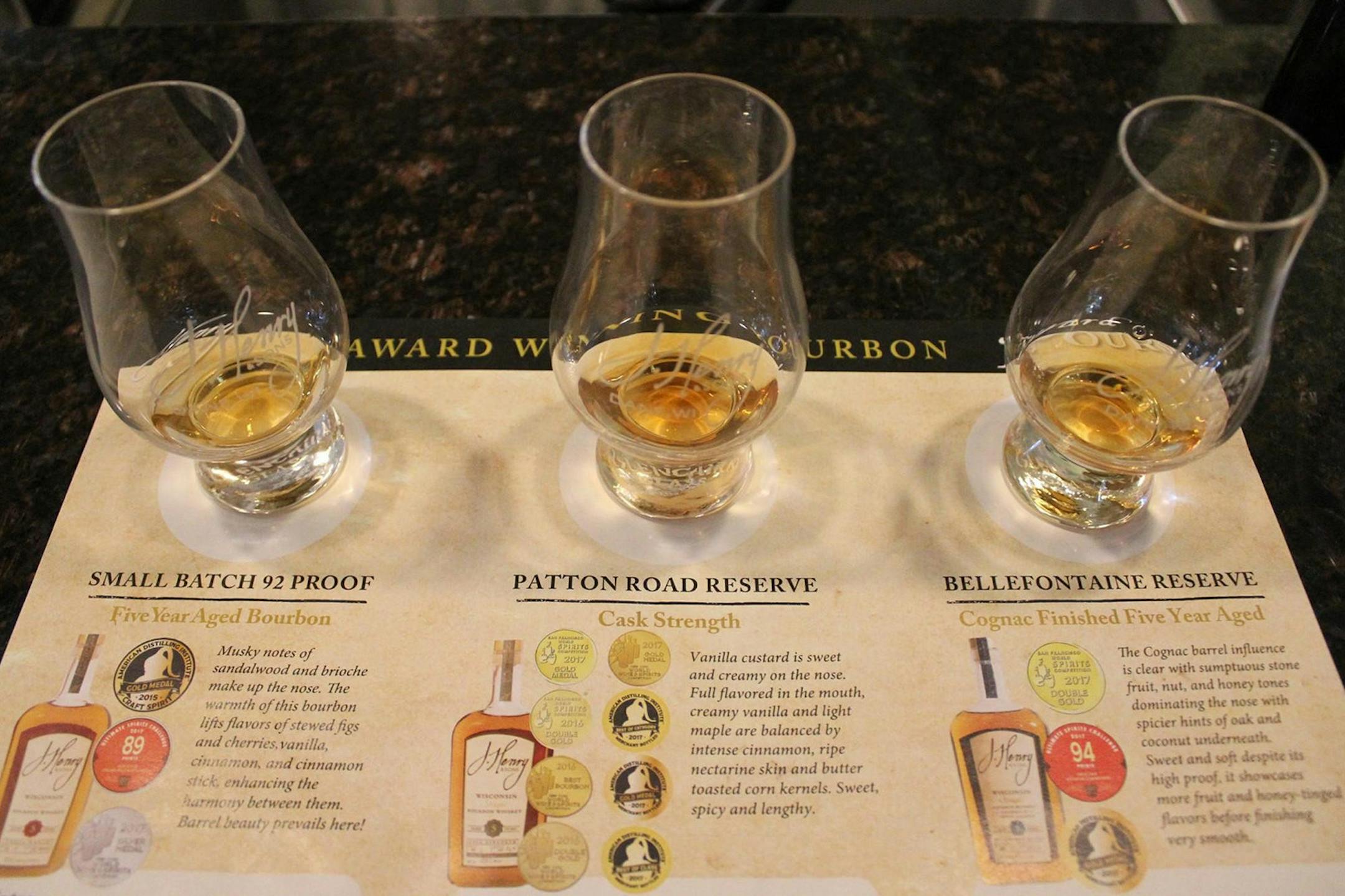 Visitors learn to properly taste three types of bourbon at J. Henry & Sons near Madison, Wis.
