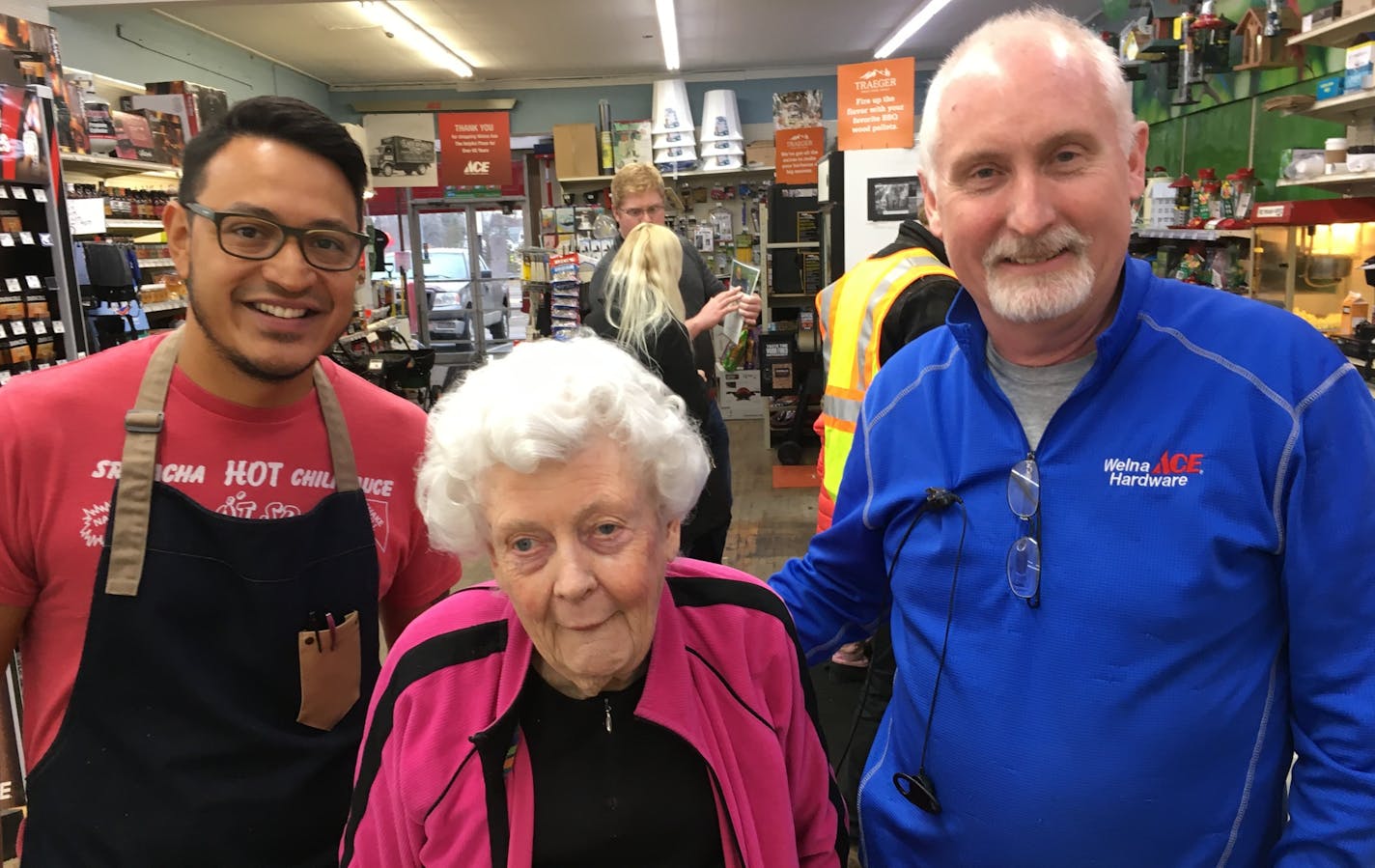 Rolando Diaz, owner of Marna's restaurant-and-catering in revitalized Downtown Robbinsdale with Pat Welna and son, Mark Welna, the second-and-third generation to own Welna Hardware of South Minneapolis. Owner Mark Welna bought the flagging Ace Hardware on W. Broadway, Robbinsdale's main street, in 2017, and doubled sales in 2018. Mark and his wife, Cathy, who moved from Minneapolis to Robbinsdale, hope one day to sell their two stores to two of their chldren who work at the respective locations.