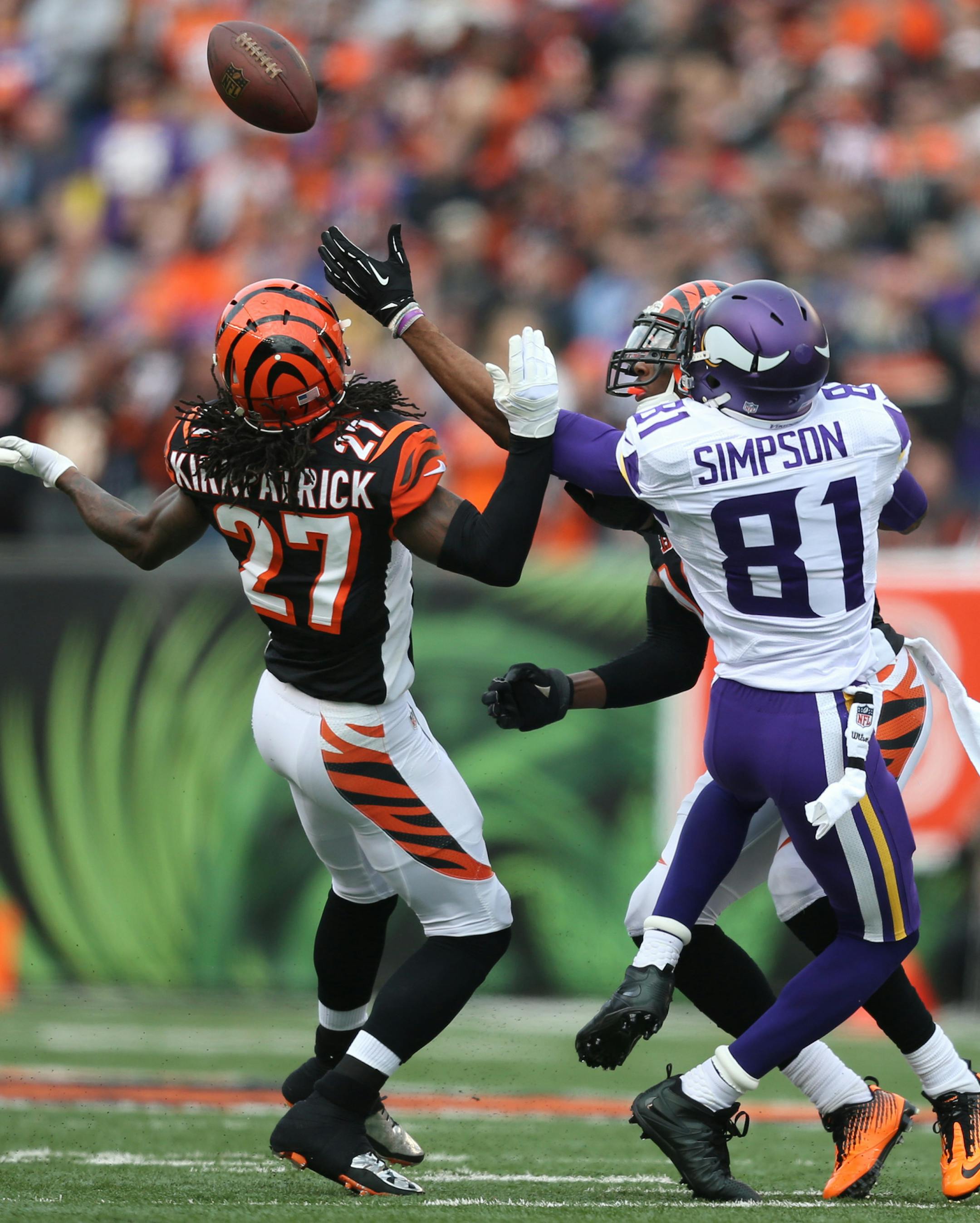 Minnesota Vikings quarterback Matt Cassel threw a deep pass intended for wide receiver Jerome Simpson (81), but Bengals safety George Iloka (43) intercepted the ball while lying on the ground. ] MCKENNA EWEN &#xb7; mckenna.ewen@startribune.com Minnesota Vikings and Cincinnati Bengals - Paul Brown Stadium in Cincinnati, OH - 12/22/2013