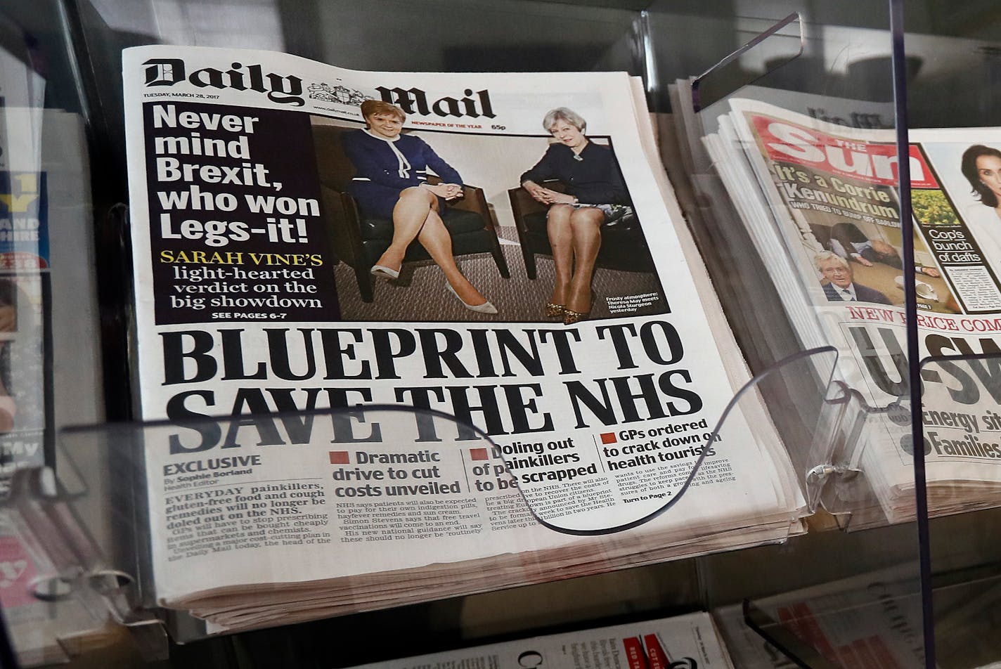 Newspapers are seen displayed for sale in London, Tuesday, March 28, 2017. The British tabloid the Daily Mail has been denied media credentials to cover the trial of former Minneapolis police officer Derek Chauvin for publishing "stolen" police camera footage.