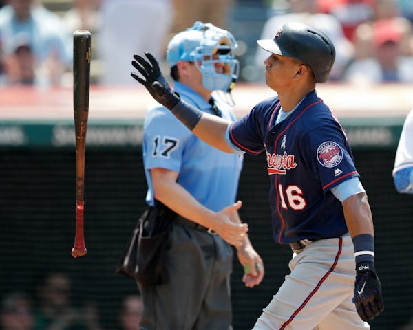 The Twins' Ehire Adrianza tossed his bat after striking out in the sixth inning against the Cleveland Indians on Sunday.