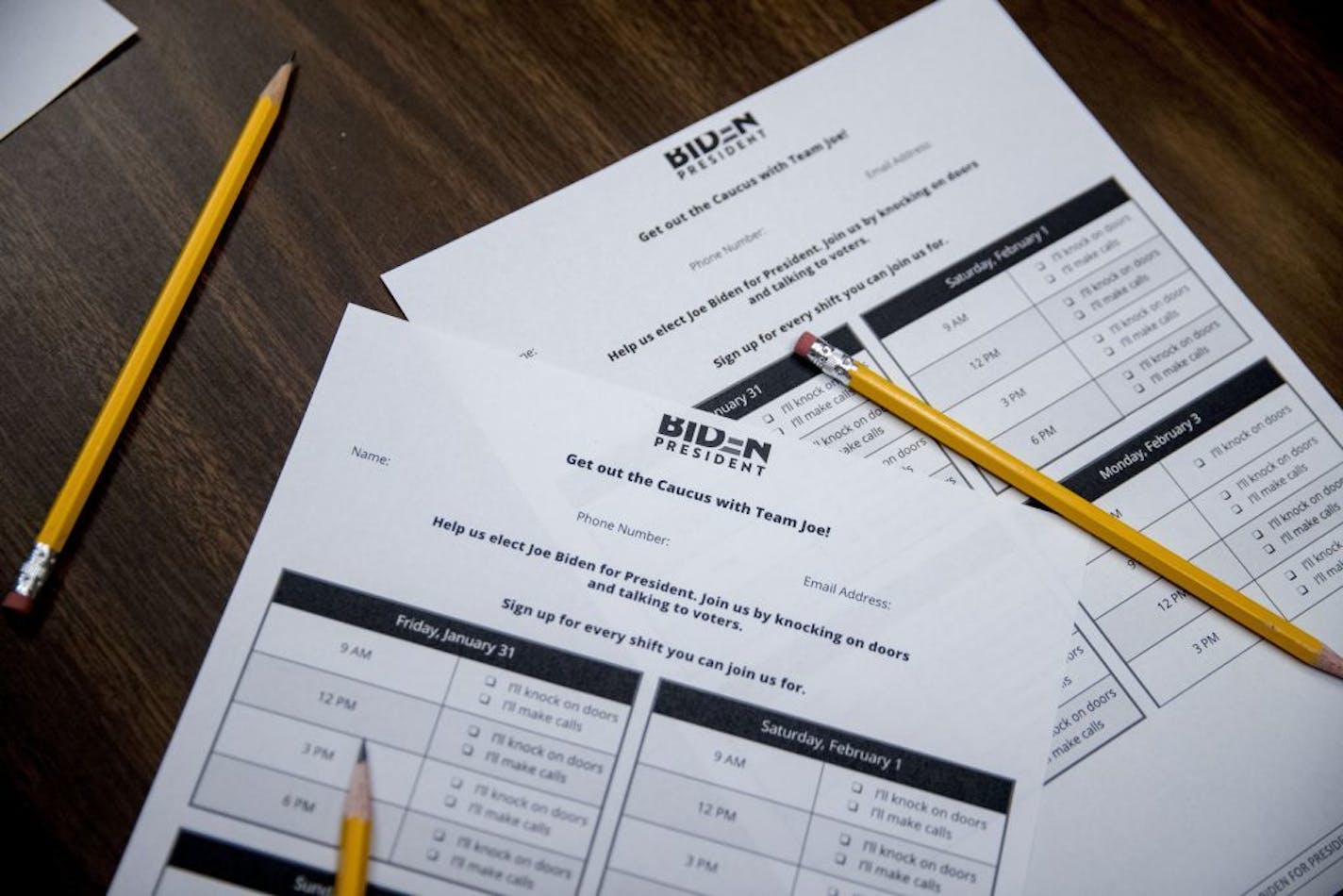 Caucus forms are visible on a table as Democratic presidential candidate former Vice President Joe Biden visits an American Legion Post, Thursday, Jan. 30, 2020, in Ottumwa, Iowa.