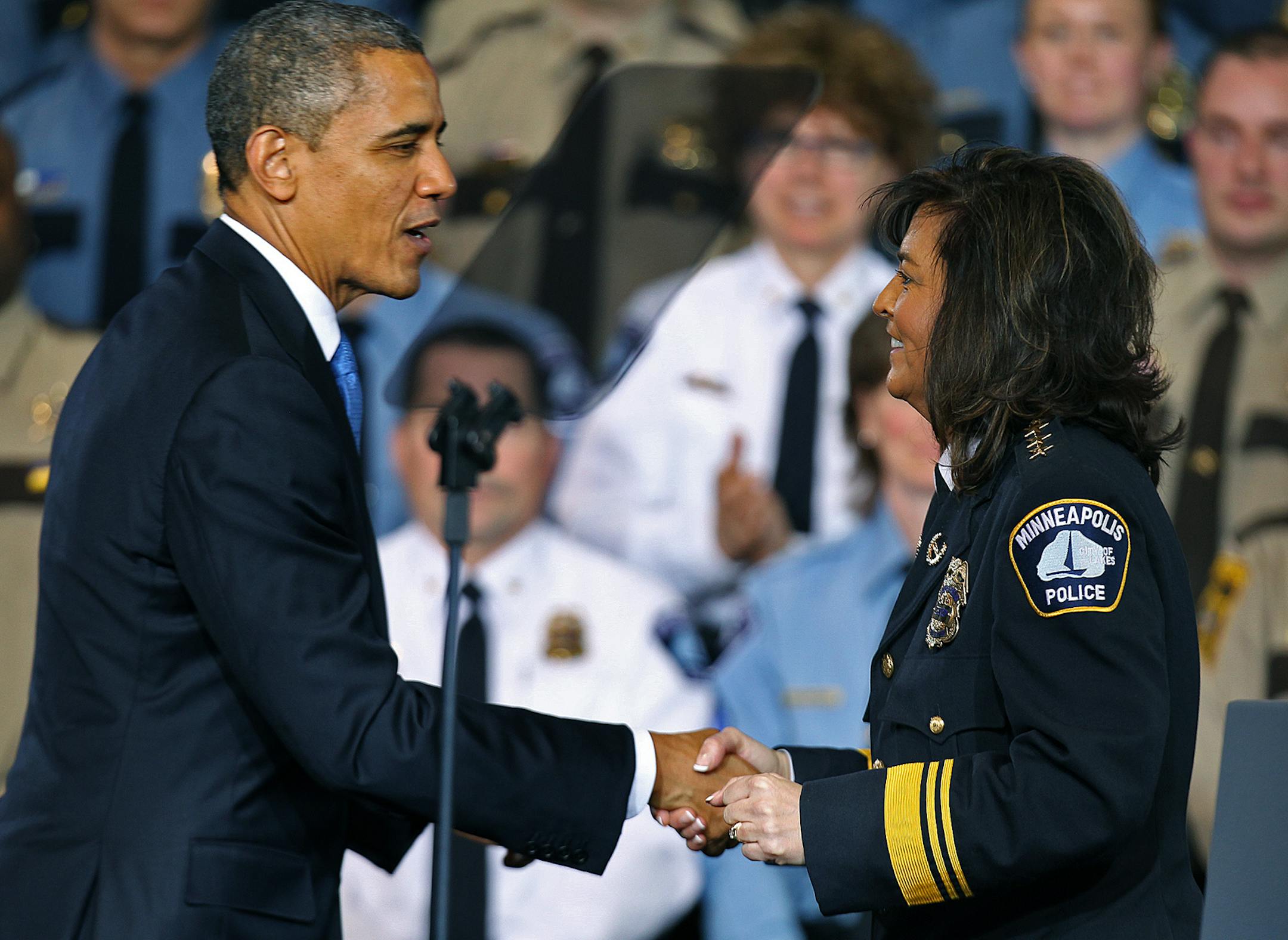President Barak Obama greeted Minneapolis Police Chief Janee Harteau, before addressing area police leaders at the Minneapolis Police Department Special Operations Center Monday, February 4, 2013 in Minneapolis, MN.(ELIZABETH FLORES/STAR TRIBUNE) ELIZABETH FLORES • eflores@startribune.com