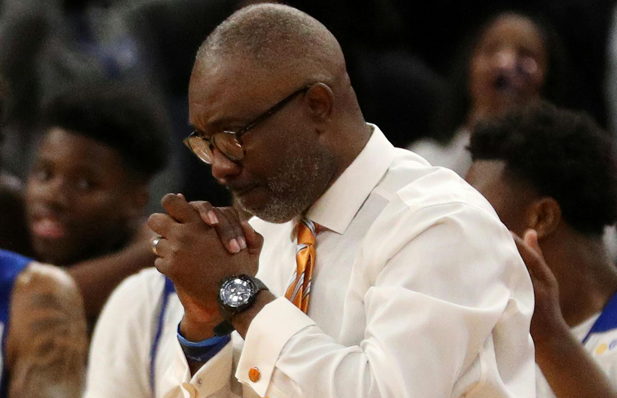 Minneapolis North Community High School head coach Larry McKenzie celebrated the win in the closing seconds of the second half. ] ANTHONY SOUFFLE &#xef; anthony.souffle@startribune.com Players competed during the boys' basketball state tournament Class 1A championship game between the North Woods High School and the Minneapolis North Community High School Saturday, March 25, 2017 at the Target Center in Minneapolis.