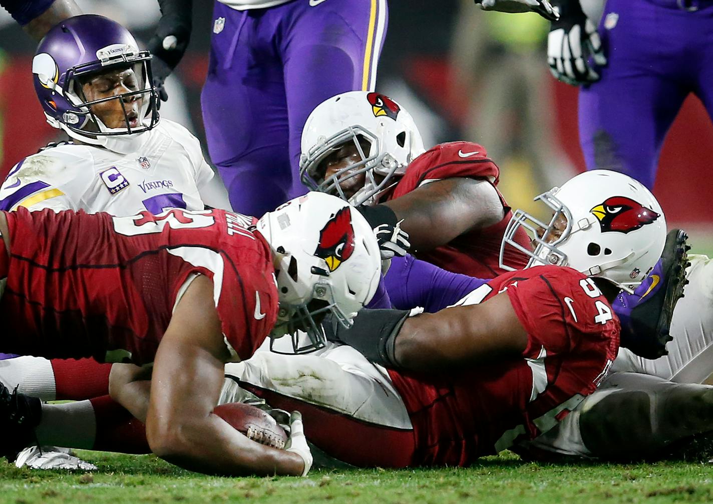 Calais Campbell recovered a Teddy Bridgewater fumble in the final seconds of the game Thursday in Arizona.