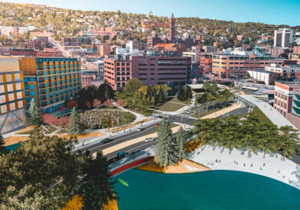 A rendering showed proposed uses for a stretch of Interstate 35 between downtown Duluth and Canal Park. Reimagining the corridor got backing from the 