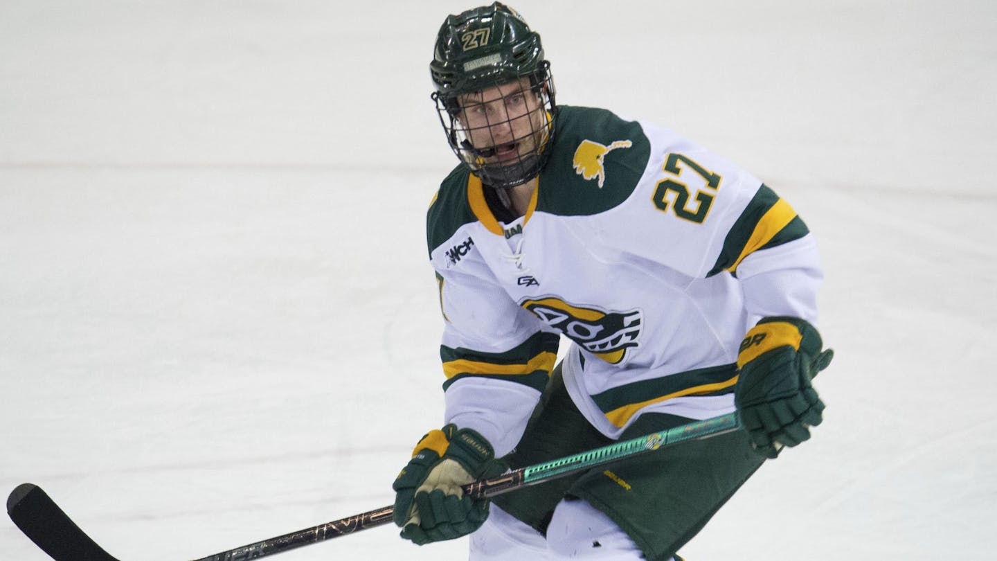 Alaska Anchorage's Jeremiah Luedtke awaits the puck during an NCAA college hockey game against Michigan Tech, Friday, Jan. 25, 2019, in Anchorage, Alaska. (AP Photo/Michael Dinneen) ORG XMIT: NYOTK