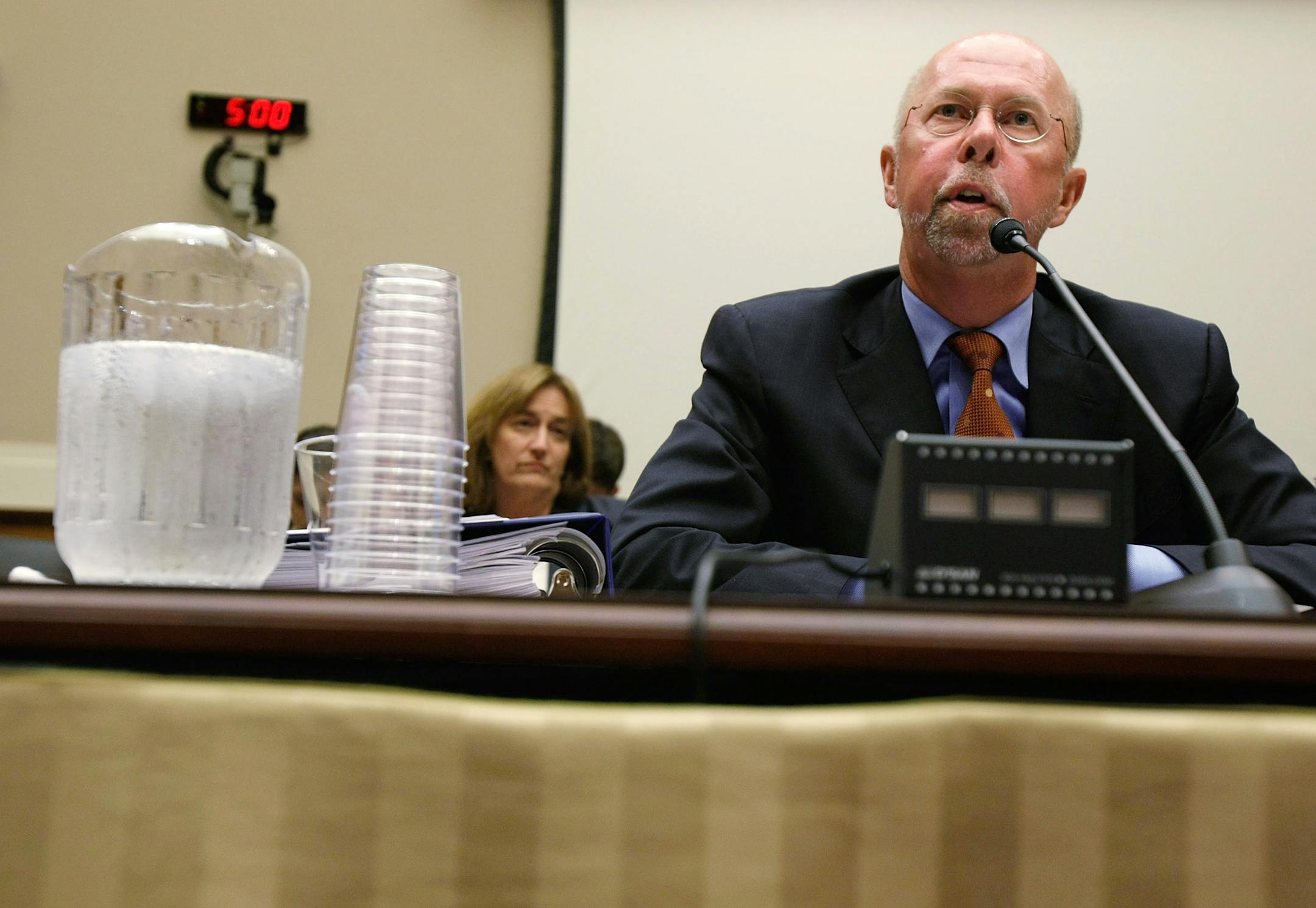 Northwest Airlines CEO Doug Steenland testified before a U.S. House subcommittee Monday in support of more energy market regulation. At left was Andrea Fischer Newman, Northwest senior vice president of government affairs.