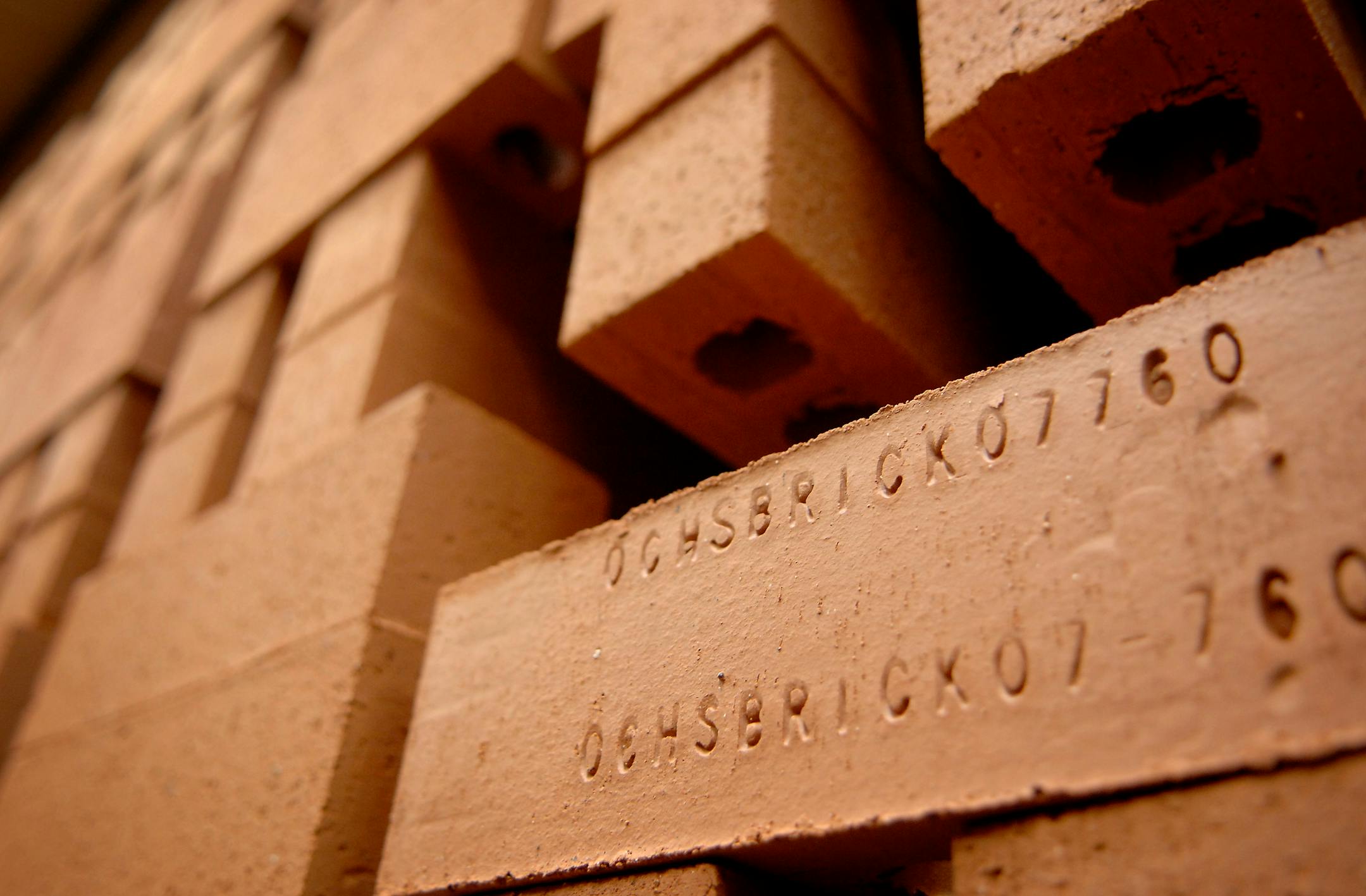 Thousands of Ochs bricks are stacked on a kiln car. Production at the plant is expected to resume once the stockpile of 15 million bricks dwindles.