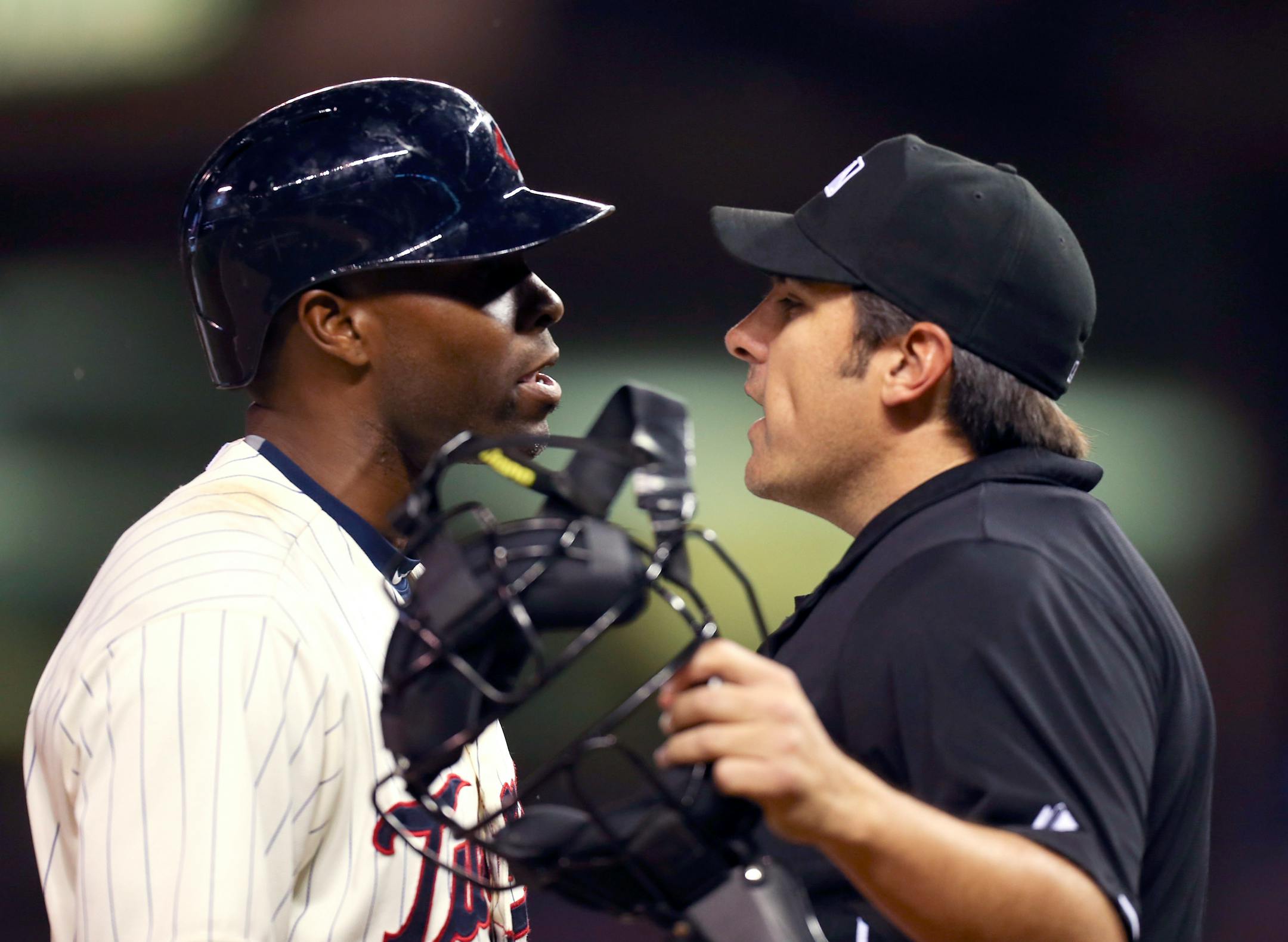 The Twins' Torii Hunter was ejected in the eighth inning after he had words with home plate umpire Mark Ripperger after he struck out looking Wednesday night at Target Field.