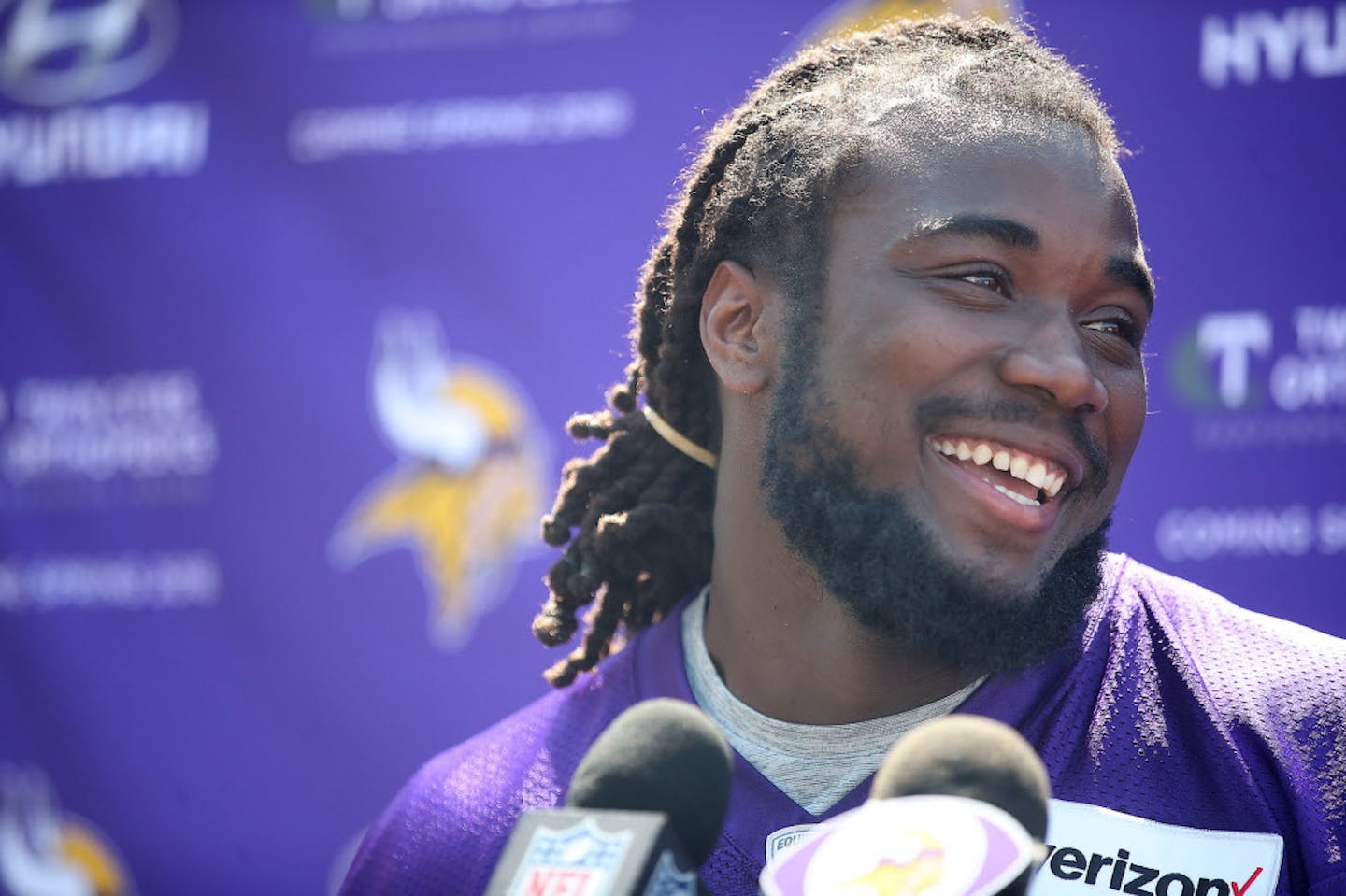 Former Florida State running back Dalvin Cook was all smile during a press conference during the first day of Vikings rookie minicamp at Winter Park, Friday, May 5, 2017 in Eden Prairie, MN.  ]  ELIZABETH FLORES ' liz.flores@startribune.com