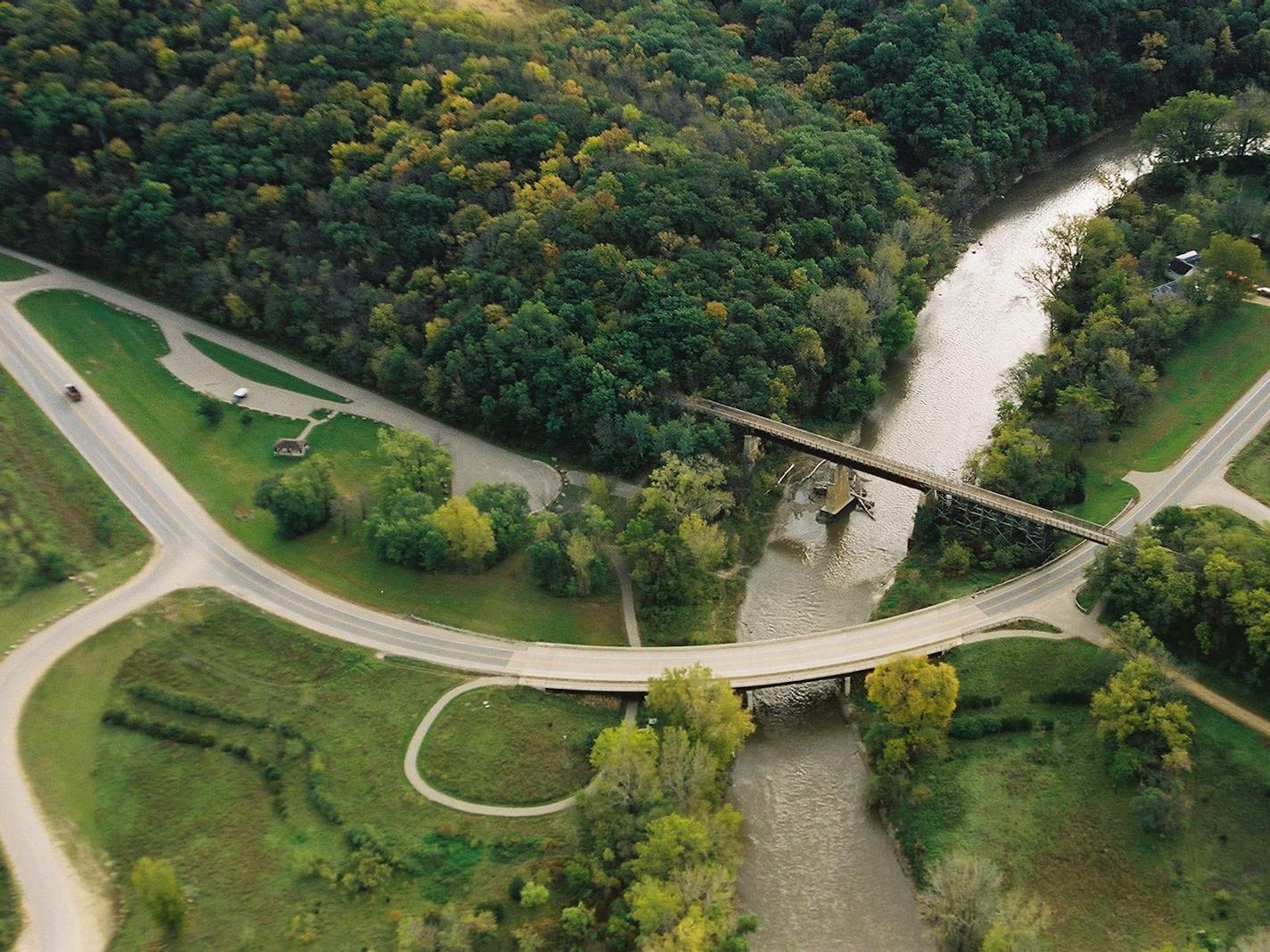 An arial view of the Red Jacket Trail trestle in Mankato.