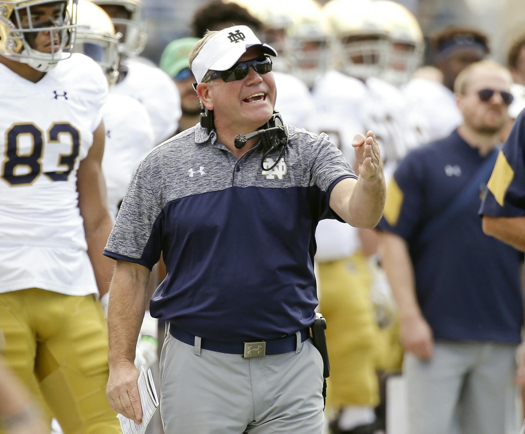 FILE - In this Nov. 5, 2016, file photo, Notre Dame head coach Brian Kelly shouts to his players during the second half of an NCAA college football game against Navy, in Jacksonville, Fla. Athletic director Jack Swarbrick says itís ìbusiness as usualî at Notre Dame and dismissed speculation that football coach Brian Kelly wonít be back next season. (AP Photo/John Raoux, File) ORG XMIT: NY151