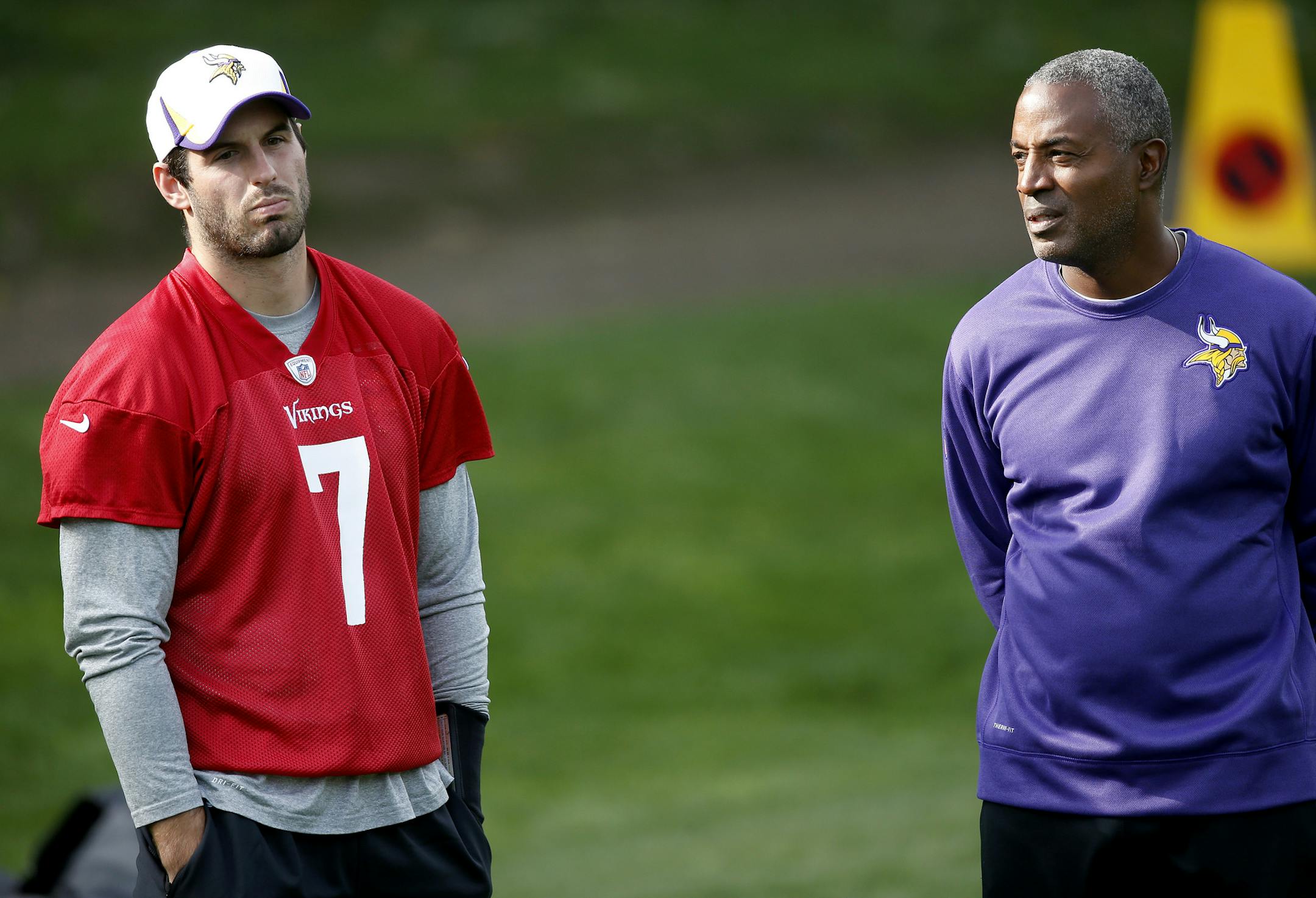 Minnesota Vikings quarterback Christian Ponder (7) stood by quarterbacks coach Craig Johnson during practice. Ponder did not participate in Friday's practice at The Grove in Watford, England. ] CARLOS GONZALEZ cgonzalez@startribune.com September 27, 2013, Watford, England (Minnesota Vikings in London) Vikings practice at The Grove, NFL