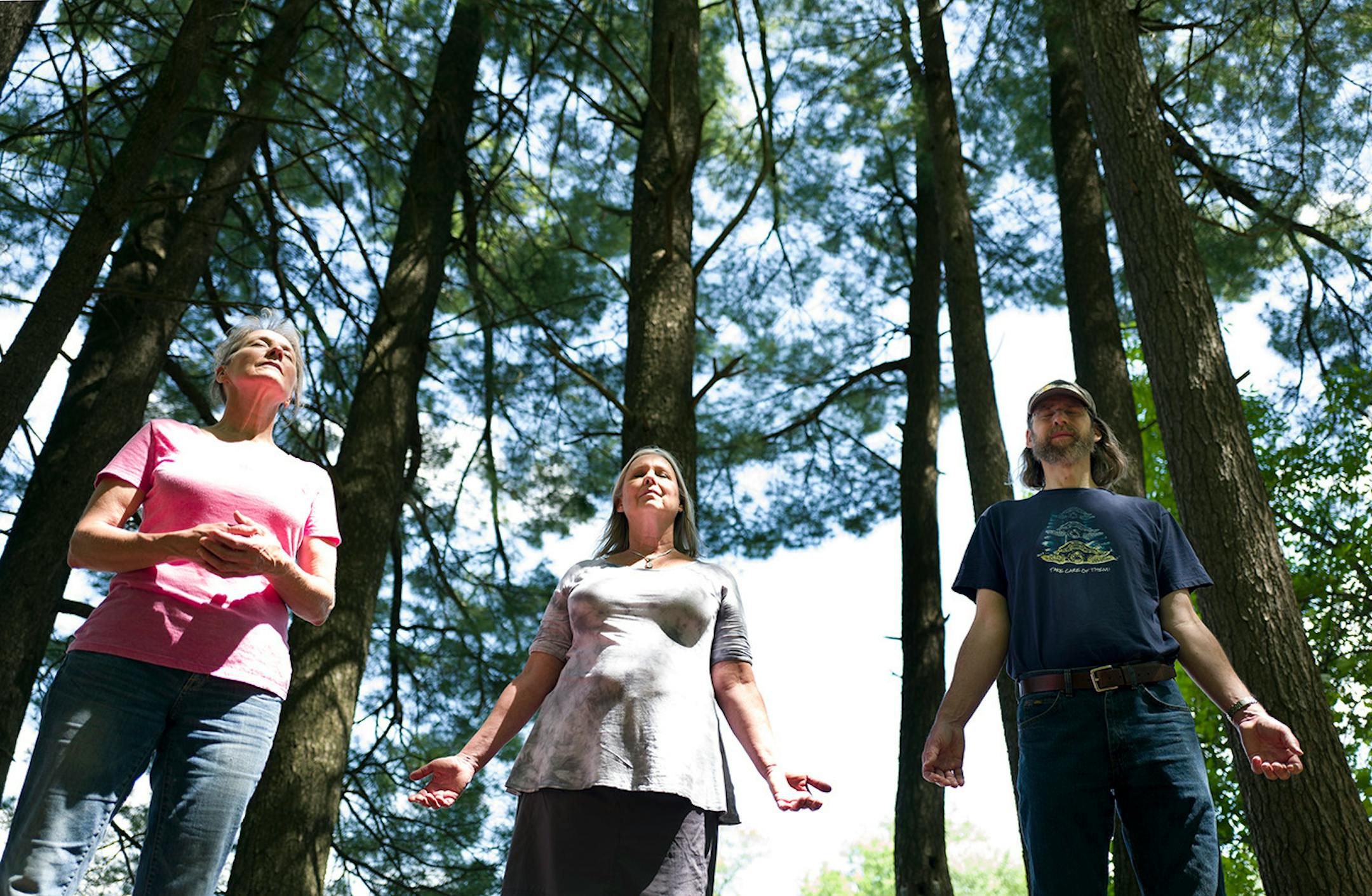 Jane Dicken left, Laura Jensen, and Matt Gillett, participated in a Shinrin Yoku event at William O'Brien State Park Sunday June 2, 2016 in Marine on St. Croix, MN.