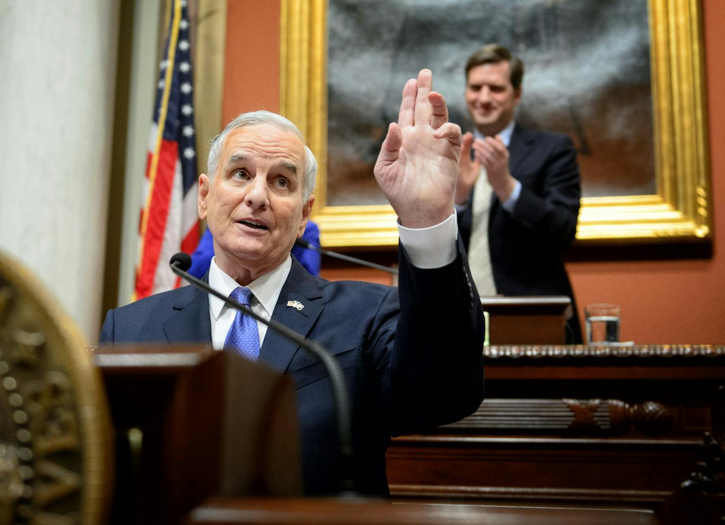 Governor Mark Dayton received warm applause in the House Chamber as he delivered his 2015 State of the State address at the Minnesota State Capitol, St. Paul. ] GLEN STUBBE * gstubbe@startribune.com Thursday, April 9, 2015 Governor Mark Dayton delivered his 2015 State of the State address in the House Chamber of the Minnesota State Capitol, St. Paul.