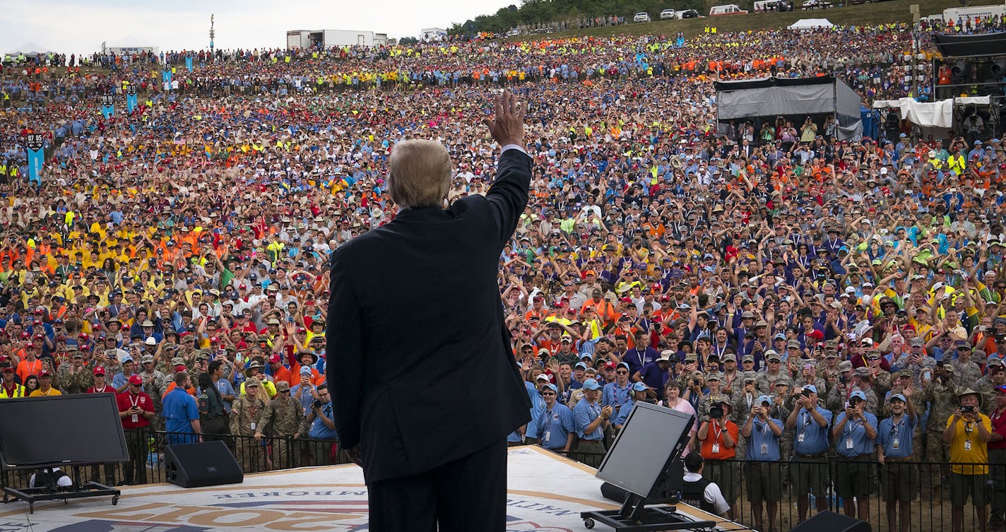 President Donald Trump at the Boy Scouts of America's 2017 National Scout Jamboree at the Summit Bechtel National Scout Reserve in Glen Jean, W.Va., July 24, 2017. Political remarks by Trump at the event have enraged many parents and former Scouts, thrusting the Scouts once again into the middle of the nation&#xed;s culture wars. (Doug Mills/The New York Times) ORG XMIT: MIN2017072516280556