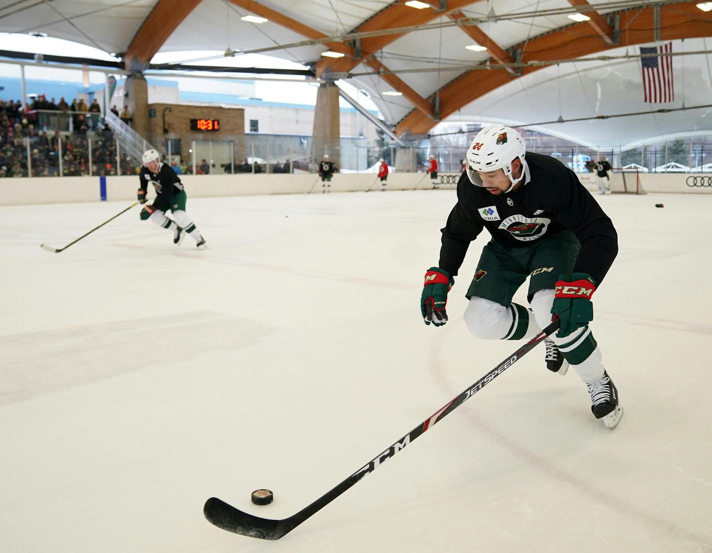 Minnesota Wild defenseman Matt Dumba (24) took the puck down the ice during the Wild's outdoor practice Thursday. ] ANTHONY SOUFFLE &#x2022; anthony.souffle@startribune.com The Minnesota Wild held an outdoor practice open to the public Thursday, Jan. 2, 2020 at the Recreation Outdoor Center (ROC) in St. Louis Park, Minn. On Wednesday the NHL announced that the 2021 Bridgestone NHL Winter Classic will feature the Minnesota Wild on Jan. 1, 2021, outdoors at Target Field in Minneapolis.