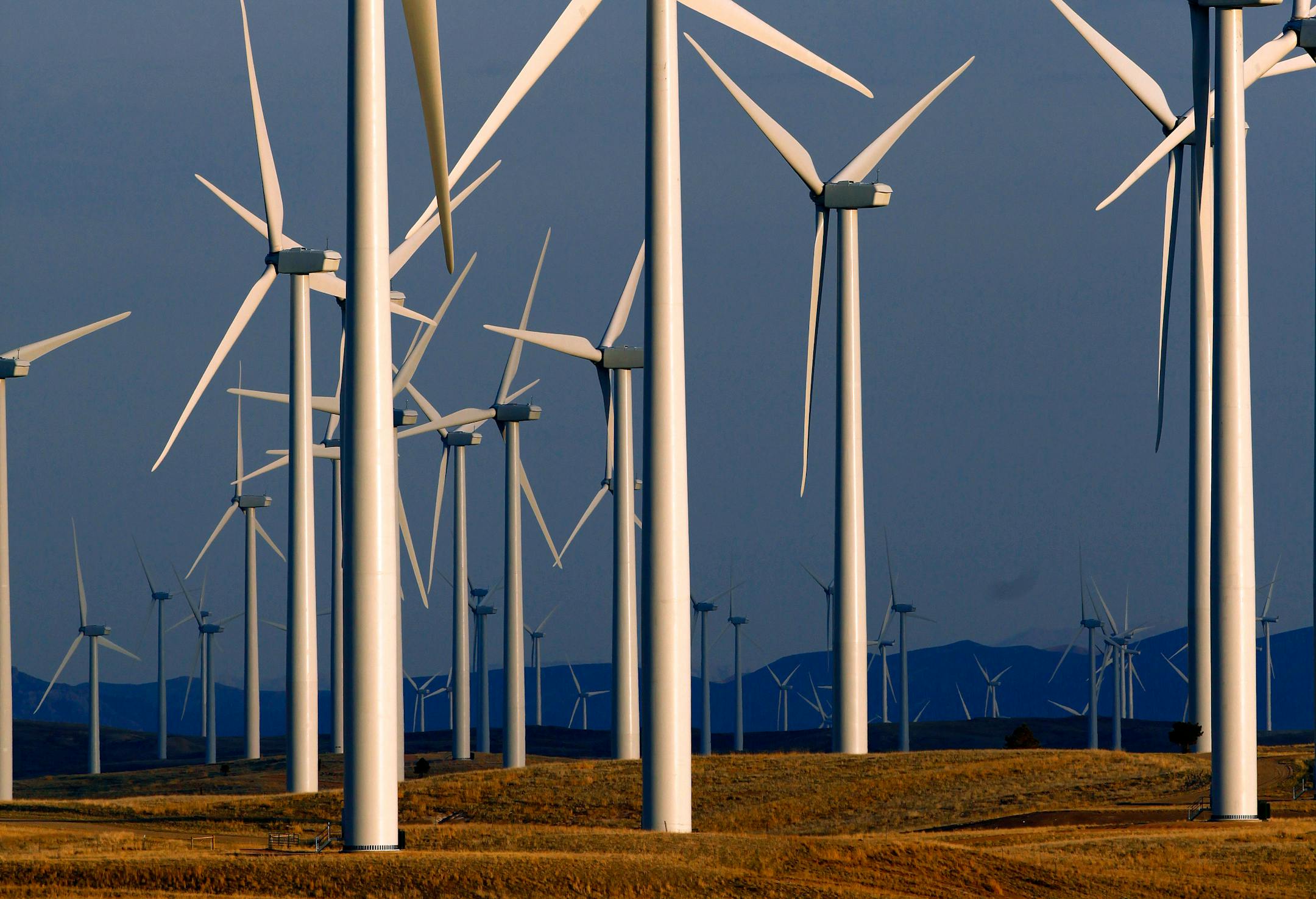 Mortenson won a contract for a big Xcel wind farm in Colorado. Shown is a large turbine installation in Wyoming.