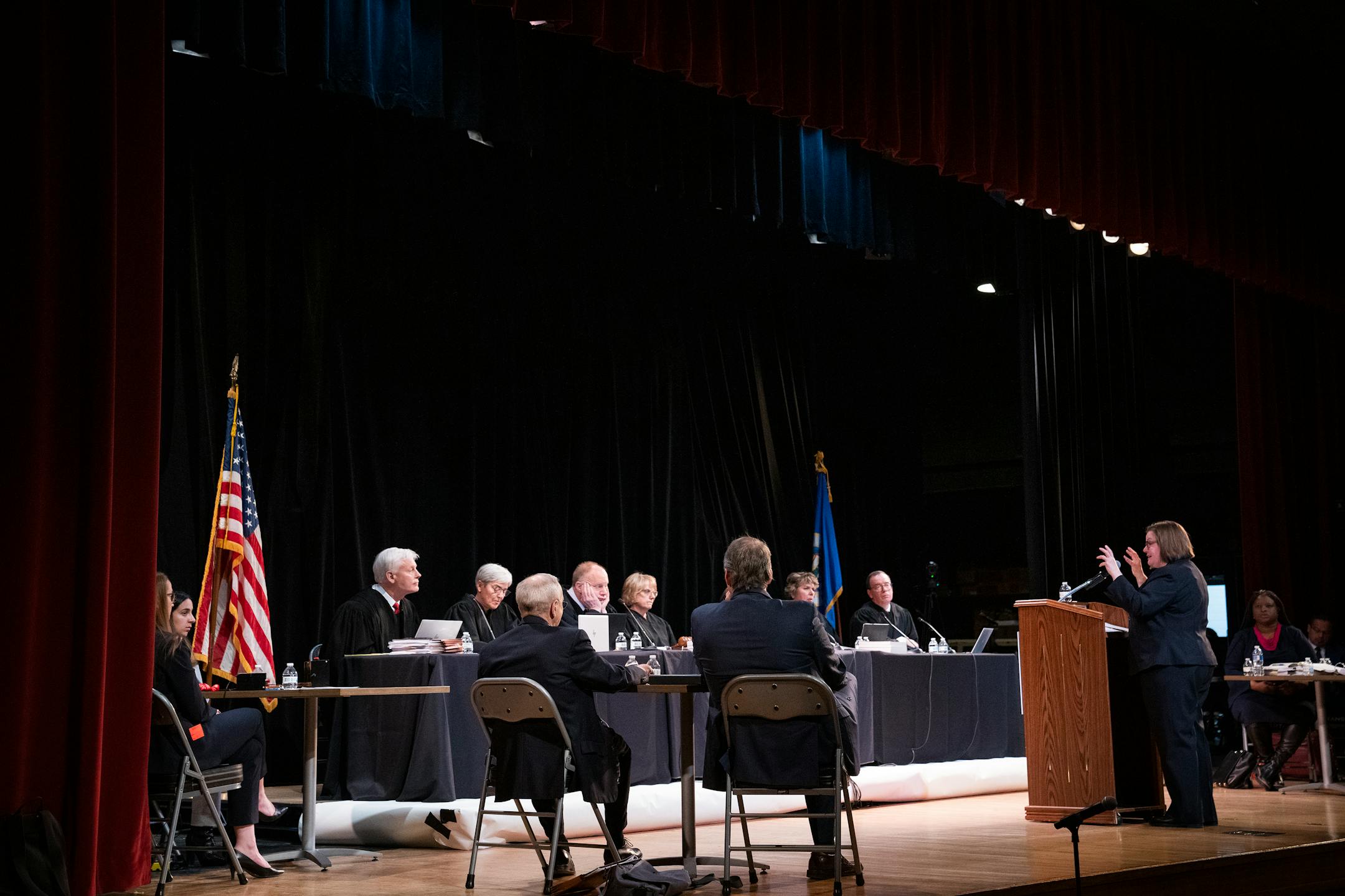Minnesota Solicitor General Liz Kramer argues for the state-respondent before the Minnesota Supreme Court in the case of Cruz-Guzman v. State of Minnesota inside the auditorium at Richfield High School.