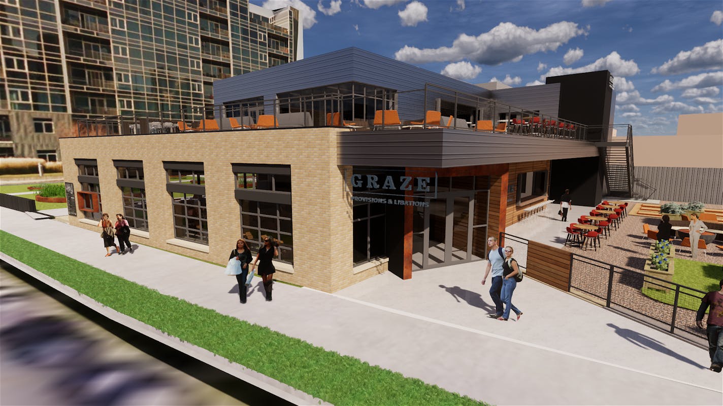 A rendering of Graze Provisions and Libations.