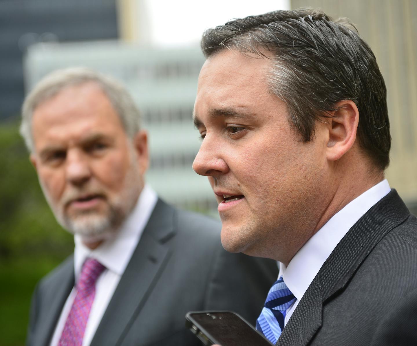 John C. Conard, attorney for former Starkey President Jerry Ruzicka, spoke to the media following Ruzicka's court appearance Friday. Ruzicka was charged alongside four others in a scheme to embezzle $20 million. The group of defendants made their first appearance in federal court today. ] (AARON LAVINSKY/STAR TRIBUNE) aaron.lavinsky@startribune.com Former Starkey executives charged with embezzling $20 million have their first day in court on Friday, Sept. 22, 2016 at the Federal Courthouse in Mi