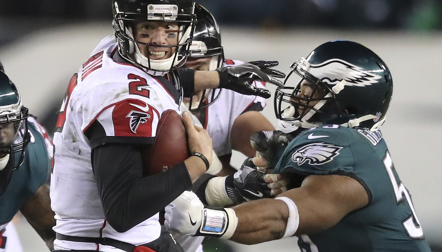 Philadelphia Eagles defensive end Brandon Graham sacks Atlanta Falcons quarterback Matt Ryan during the second half of an NFL football NFC divisional playoff game Saturday, Jan. 13, 2018, in Philadelphia. (Curtis Compton/Atlanta Journal-Constitution via AP)