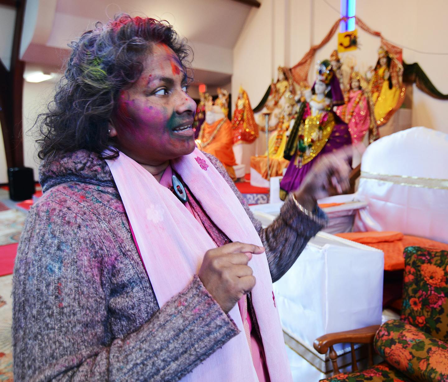 Satya Balroop, inside the large sanctuary at Milan Mandir, started doing prayer groups in her living room in Eagan 15 years ago. Photo by Liz Rolfsmeier