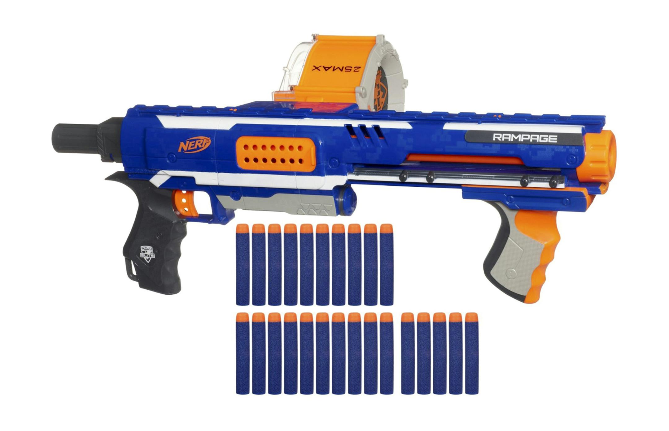 Rampage, a toy gun that shoots foam darts, made by Nerf, in an undated handout photo. In light of the shootings at Sandy Hook Elementary School, foam-dart guns and their quasi-militaristic marketing have some parents mulling what to say when their children reach for the toy holster. (Handout via The New York Times) -- NO SALES; FOR EDITORIAL USE ONLY WITH STORY SLUGGED PARENTS-TOY-GUNS ADV10. ALL OTHER USE PROHIBITED. -- PHOTO MOVED IN ADVANCE AND NOT FOR USE - ONLINE OR IN PRINT - BEFORE FEB. 1