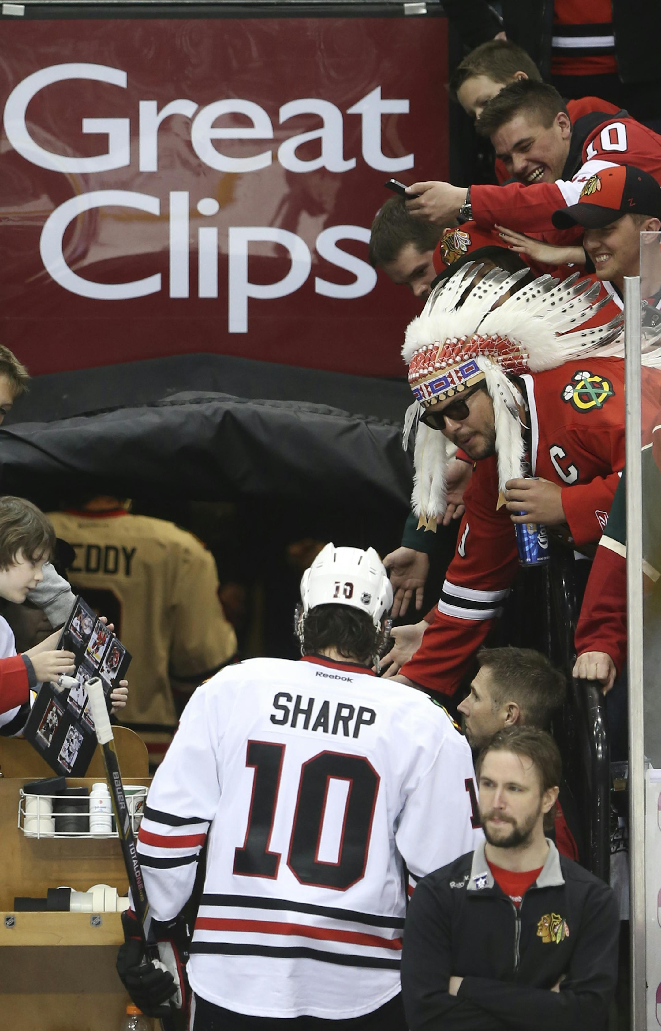 Chicago Blackhawks left wing Patrick Sharp (10) stepped off the ice after warmups Friday night at Xcel Energy Center in St. Paul. ] JEFF WHEELER ‚Ä¢ jeff.wheeler@startribune.com The Minnesota Wild faced the Chicago Blackhawks in game 4 of their playoff series Friday night, May 9, 2014 at Xcel Energy Center in St. Paul.