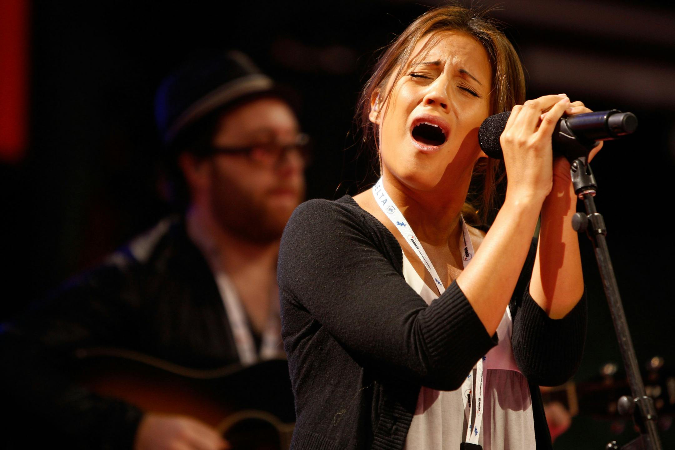Singer Rachel Lampa (R) and Evan Weatherford rehearse before on day two of the Republican National Convention (RNC) at the Xcel Energy Center on September 2, 2008 in St. Paul, Minnesota.