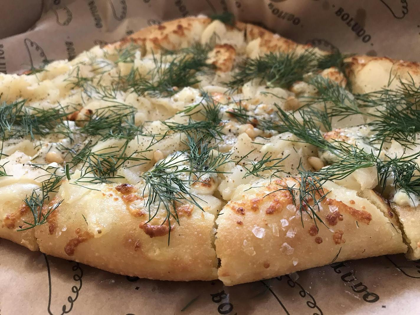 Pear, Gorgonzola and pine nut pizza at Boludo