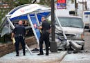 The scene where a van plowed into a bus shelter on Broadway Avenue N. near Lyndale Avenue, injuring several Tuesday, July 9, 2019, in Minneapolis, MN.