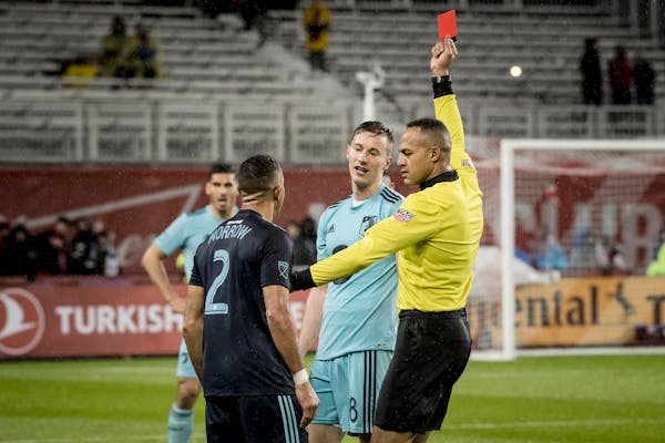 The effect of red cards Friday — this one to Jan Gregus — will linger into Wednesday, when the Loons must play without Gregus and Francisco Calvo.