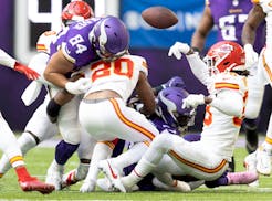 Minnesota Vikings tight end Josh Oliver (84) fumbles the ball in the first quarter Sunday, October 8, 2023, at U.S. Bank Stadium in Minneapolis, Minn.