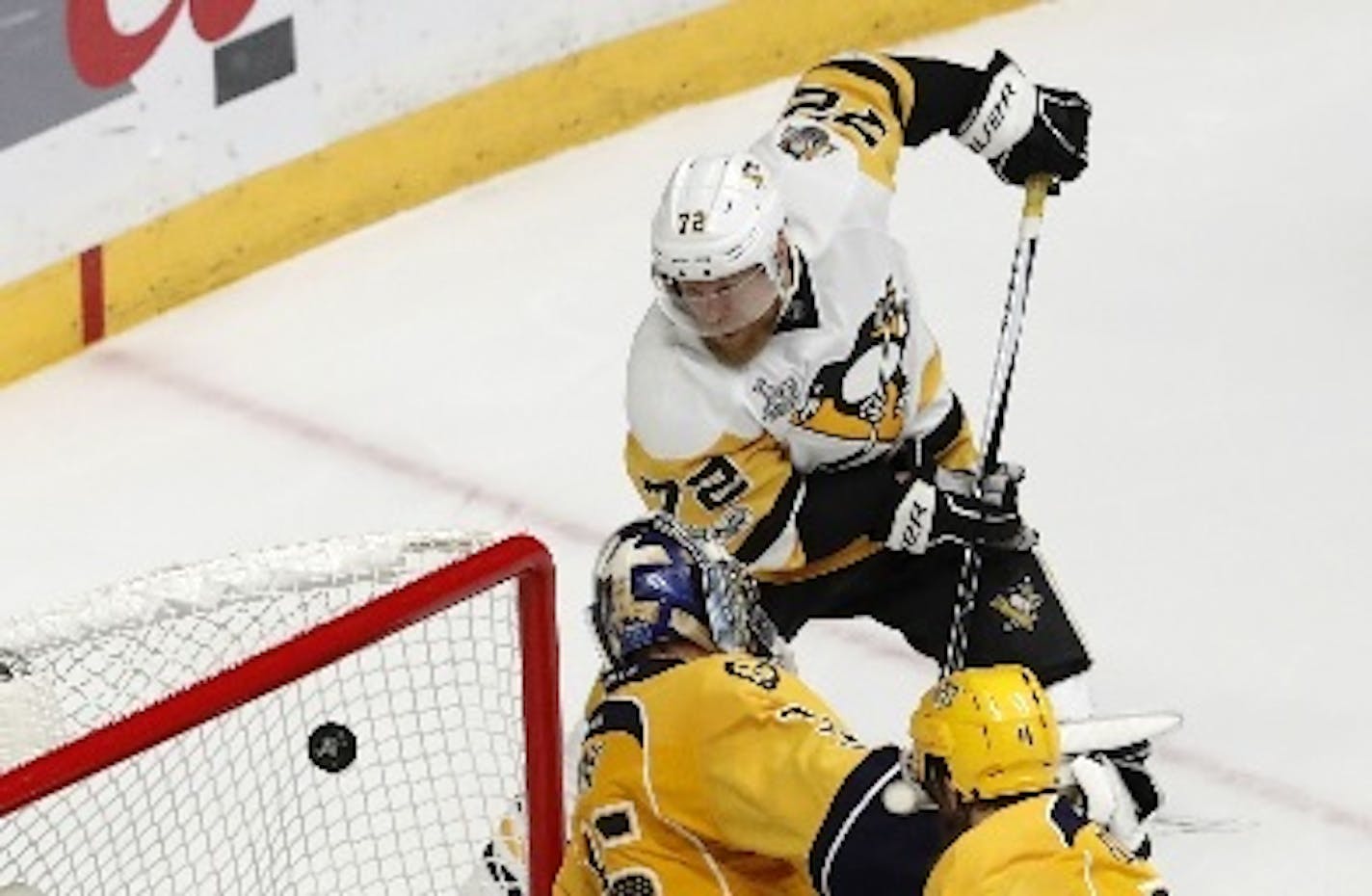 The Penguins' Patric Hornqvist (72) scored against Predators goalie Pekka Rinne late in the third period of Game 6 of the Stanley Cup Final on Sunday, clinching the Cup for Pittsburgh.