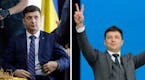 Volodymyr Zelenskiy, Ukraine's president-elect, in two settings: at left, on set of the TV show in which he plays the nation's president,and at right,